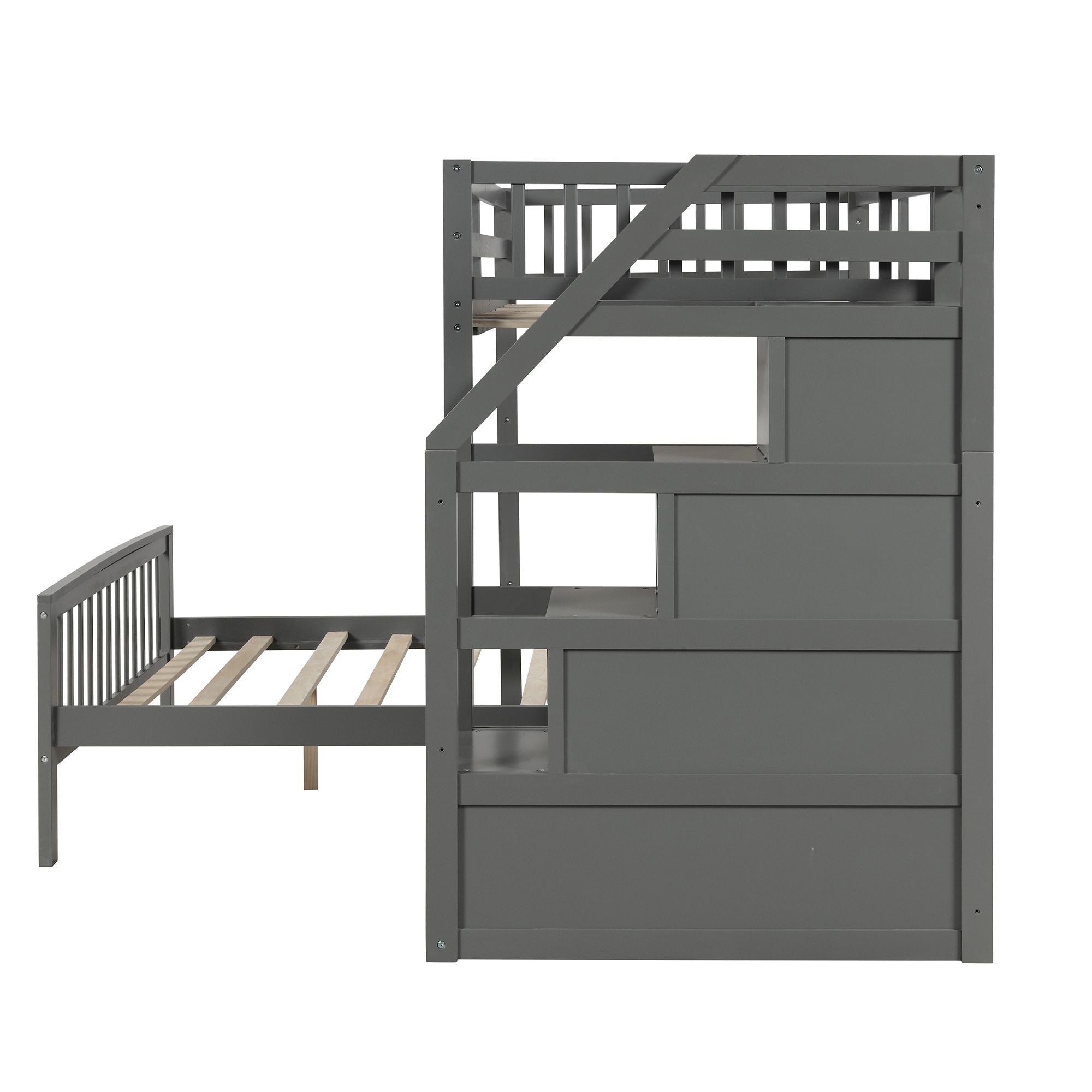 Space-Saving Twin over Full Wood Loft Bed with Staircase and Storage, Gray or White | Just Better Bunk Beds