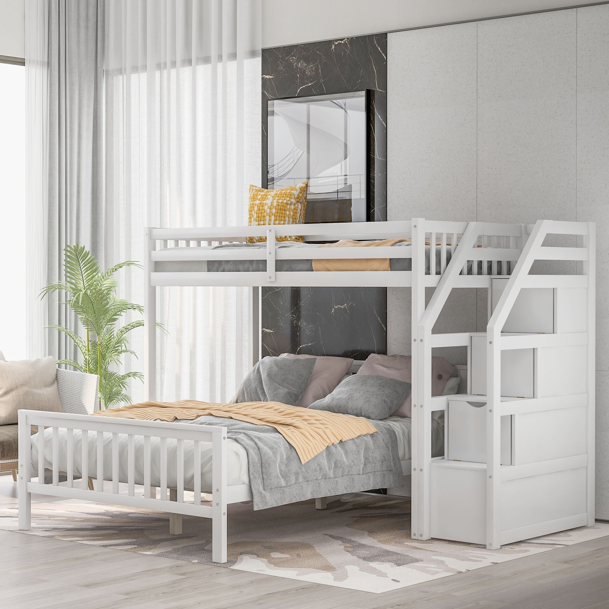 Space-Saving Twin over Full Wood Loft Bed with Staircase and Storage, Gray or White | Just Better Bunk Beds
