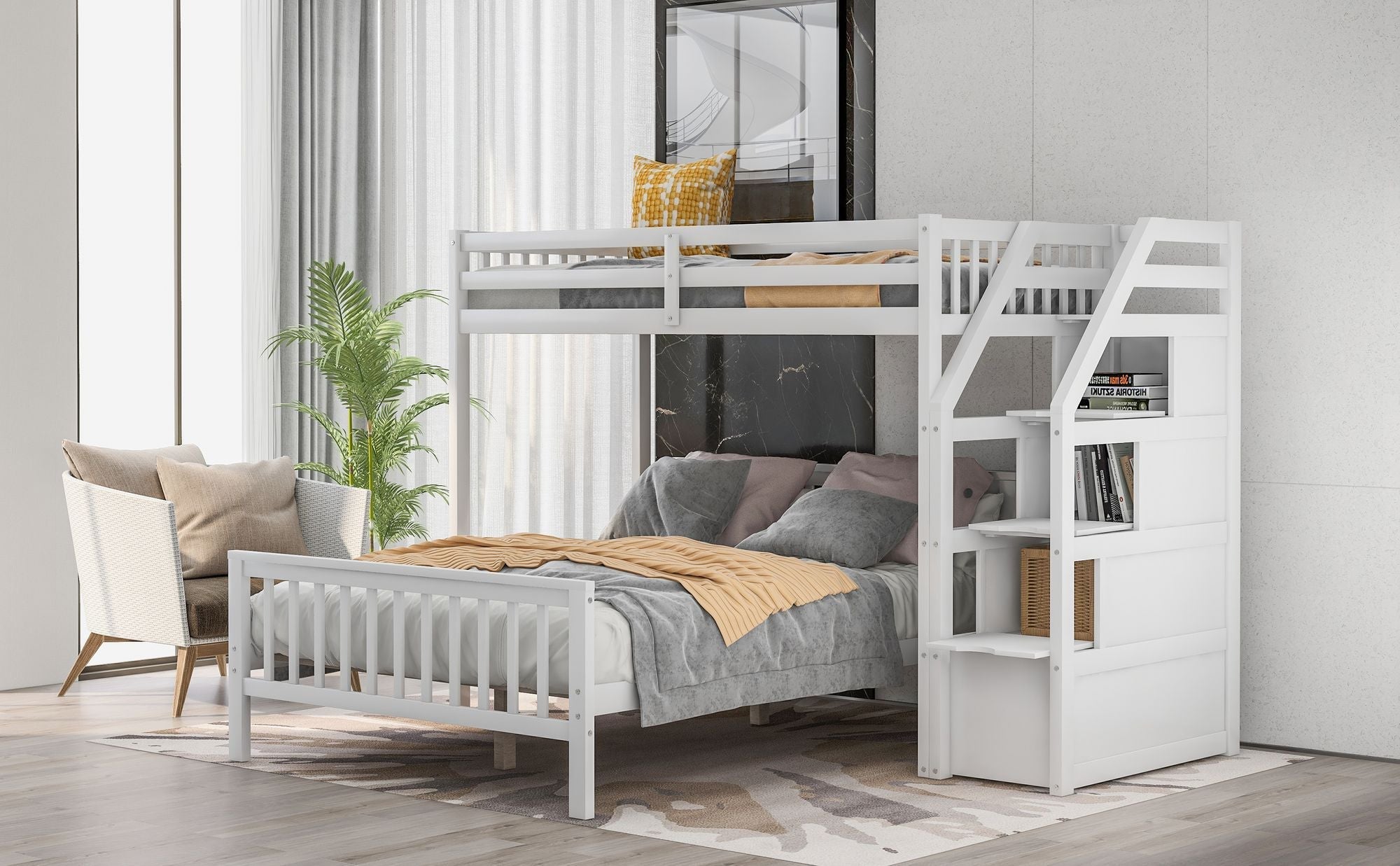 Space-Saving Twin over Full Wood Loft Bed with Staircase and Storage, Gray or White | Just Better Bunk Beds