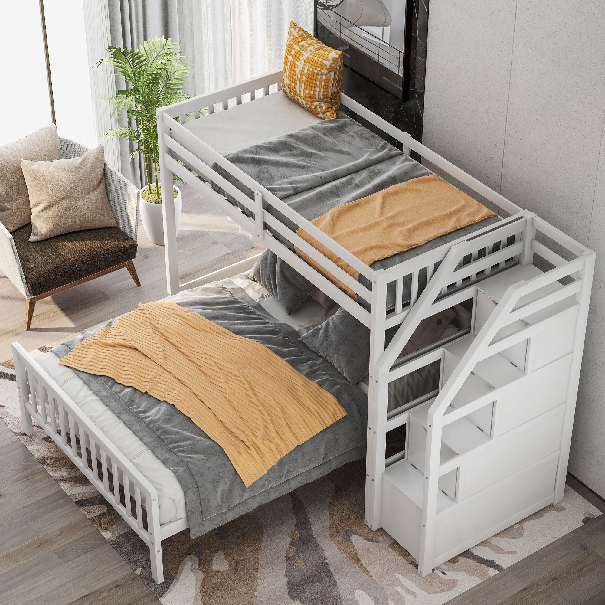 Space-Saving Twin over Full Wood Loft Bed with Staircase and Storage, Gray or White | Just Better Bunk Beds