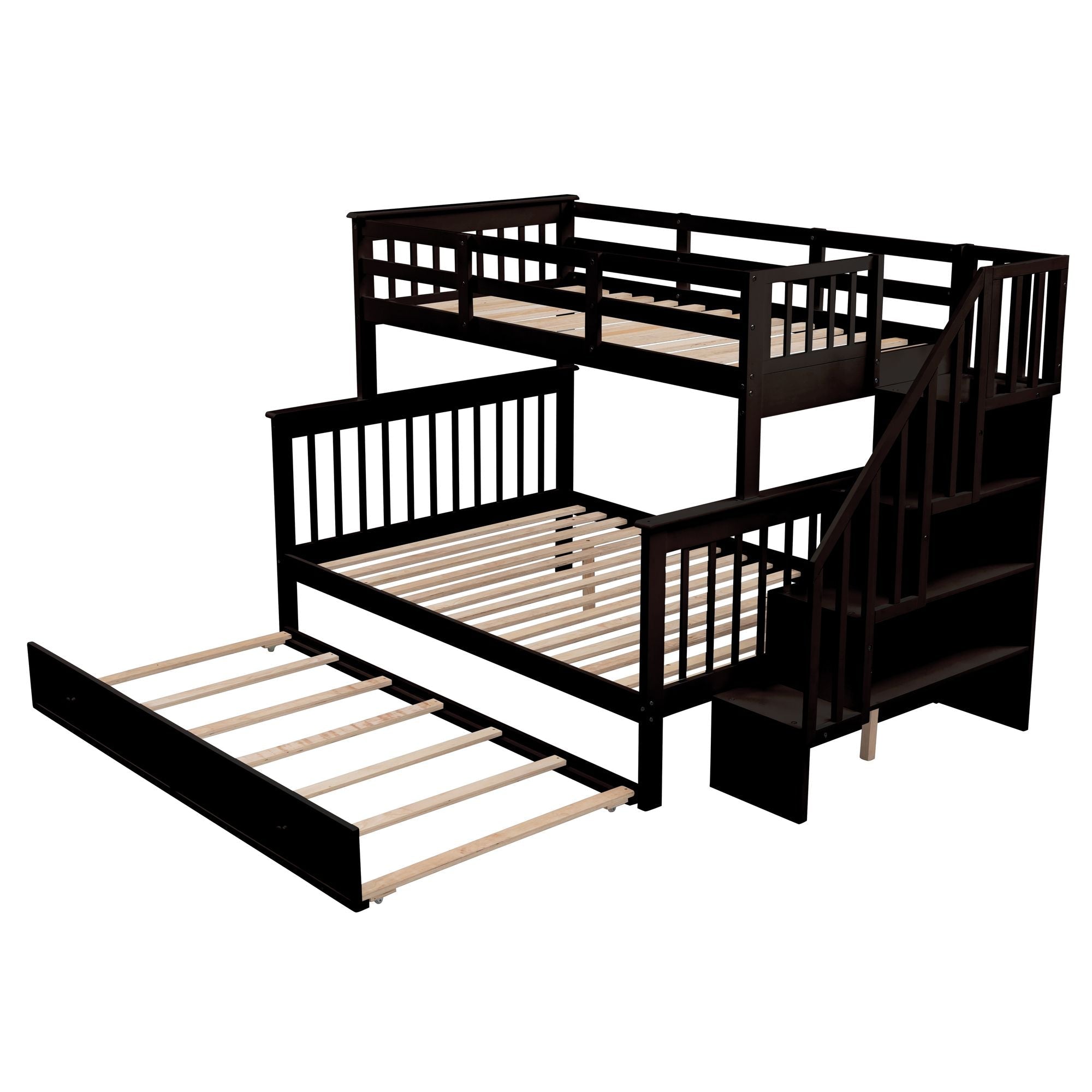 Space-Saving Twin-Over-Full Wooden Bunk Bed with Twin Trundle, Storage Shelves, and Guard Rails in Espresso | Just Better Bunk Beds