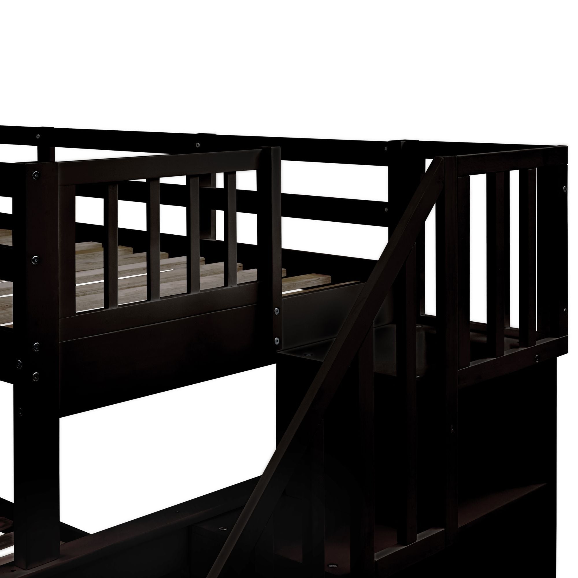 Space-Saving Twin-Over-Full Wooden Bunk Bed with Twin Trundle, Storage Shelves, and Guard Rails in Espresso | Just Better Bunk Beds