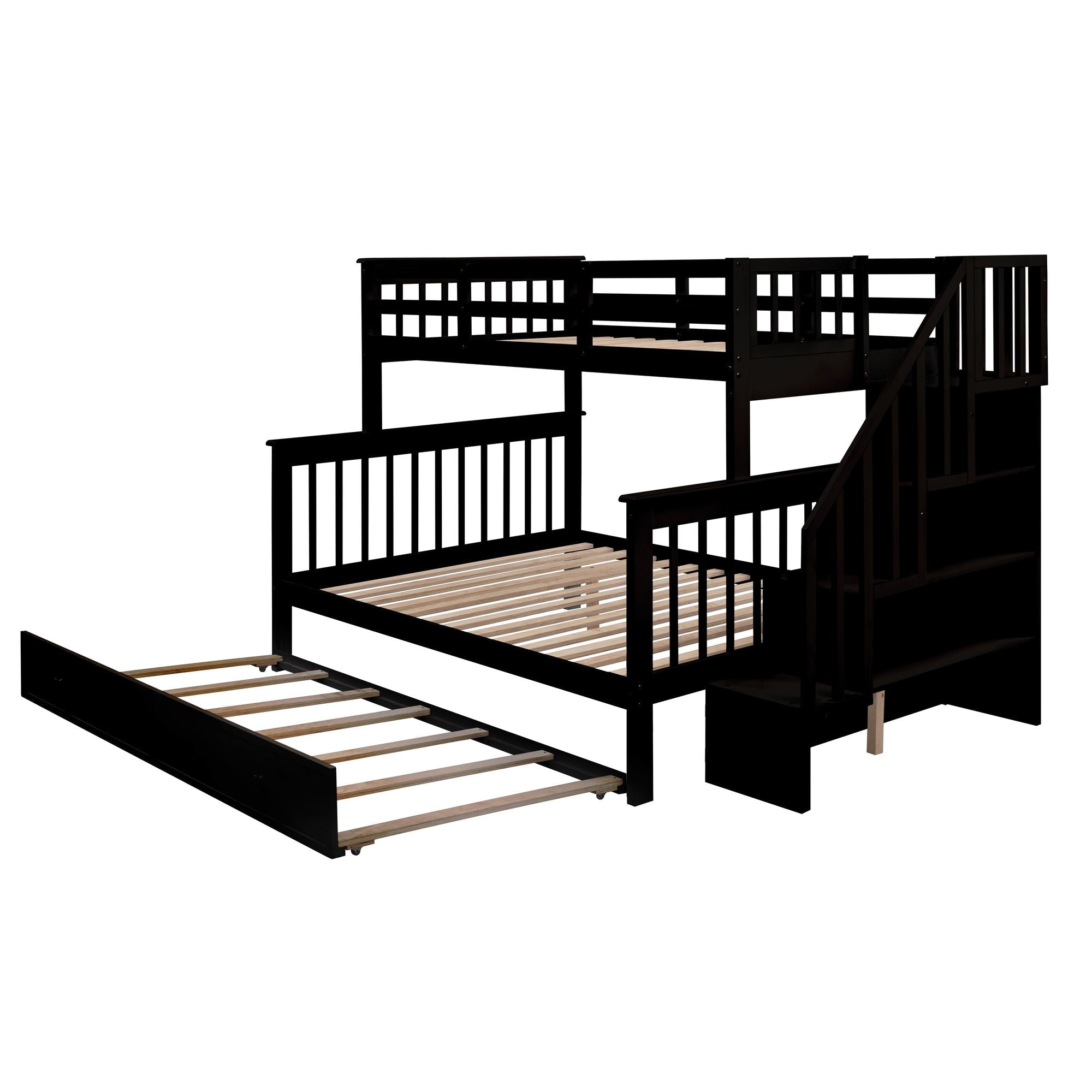 Space-Saving Twin-Over-Full Wooden Bunk Bed with Twin Trundle, Storage Shelves, and Guard Rails in Espresso | Just Better Bunk Beds