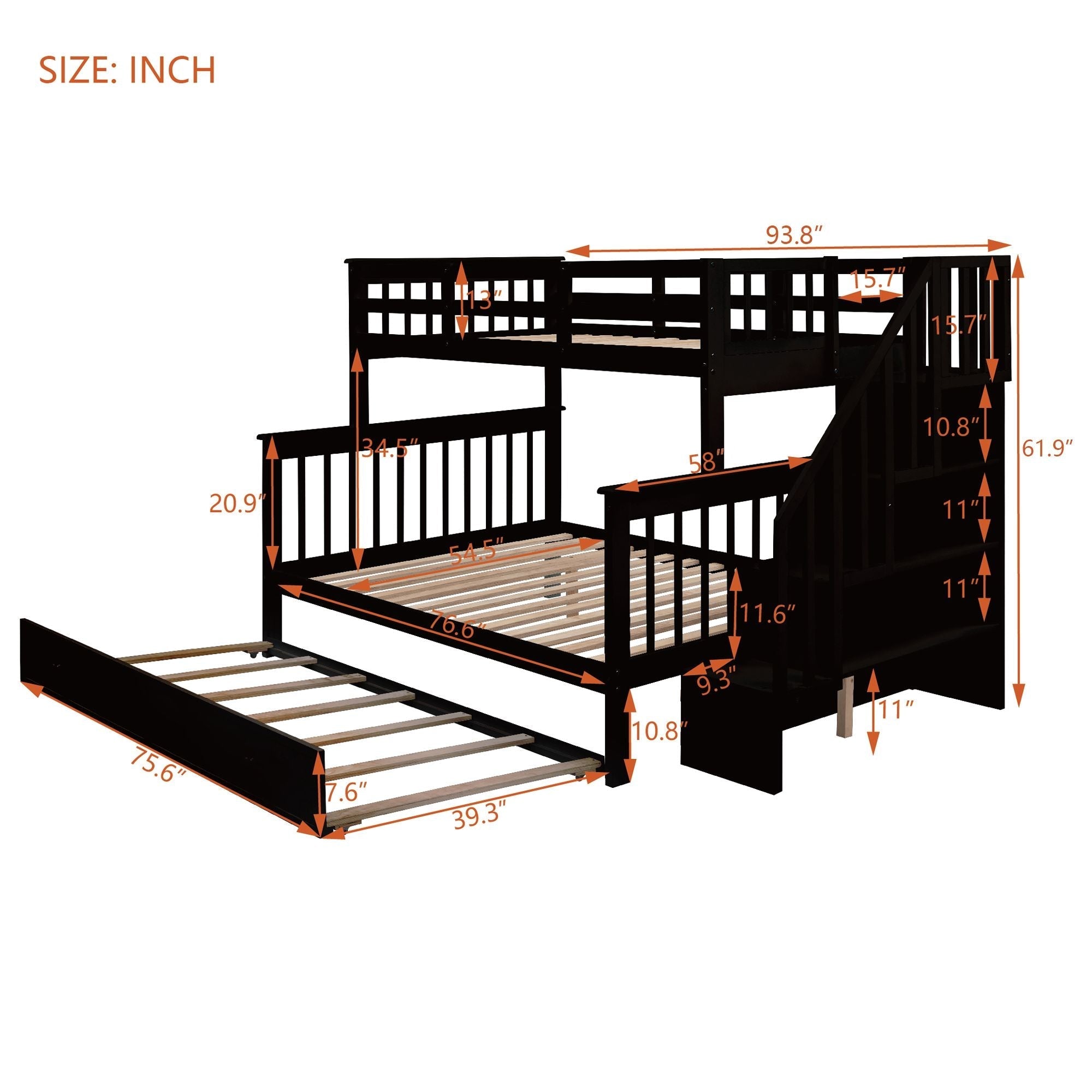 Space-Saving Twin-Over-Full Wooden Bunk Bed with Twin Trundle, Storage Shelves, and Guard Rails in Espresso | Just Better Bunk Beds