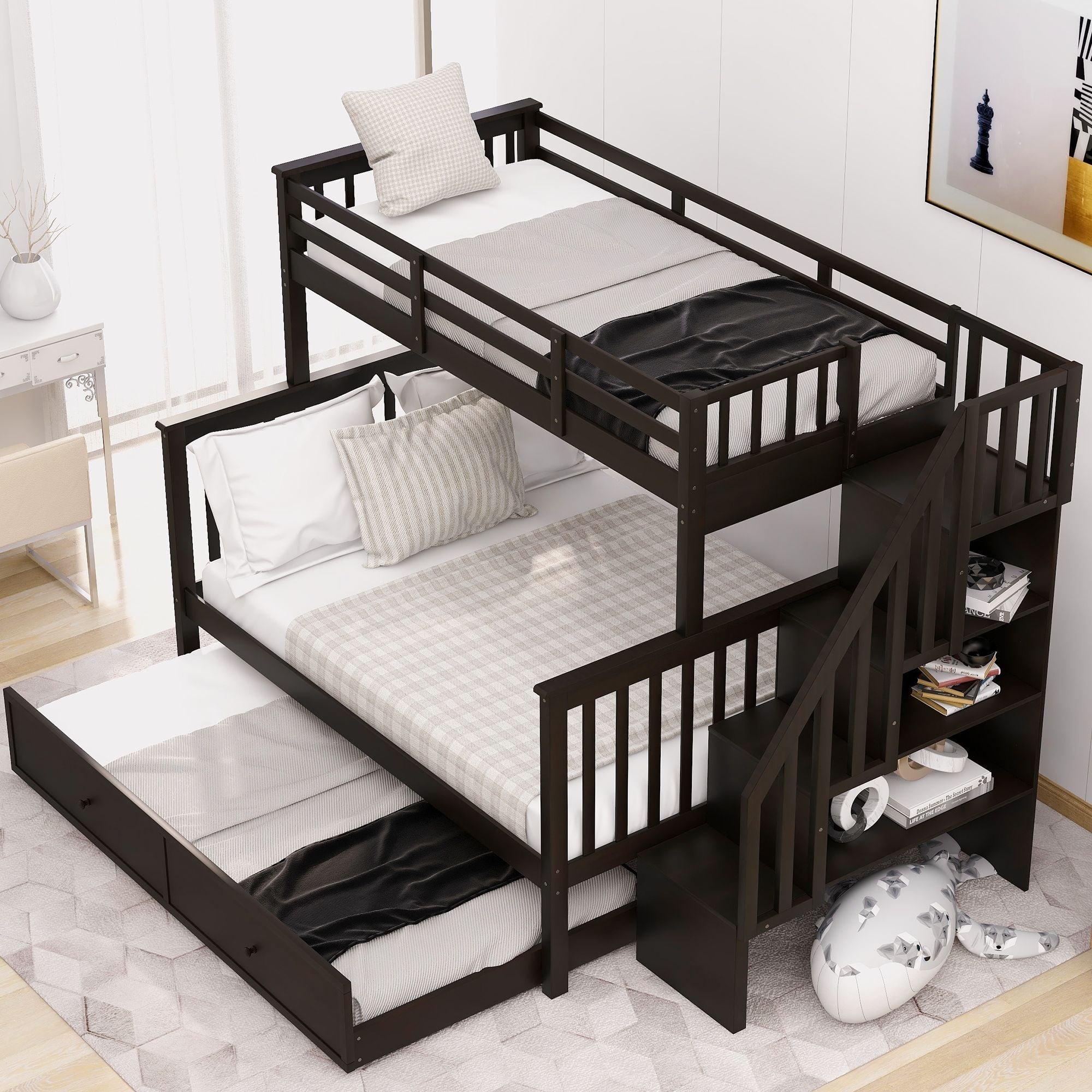 Space-Saving Twin-Over-Full Wooden Bunk Bed with Twin Trundle, Storage Shelves, and Guard Rails in Espresso | Just Better Bunk Beds