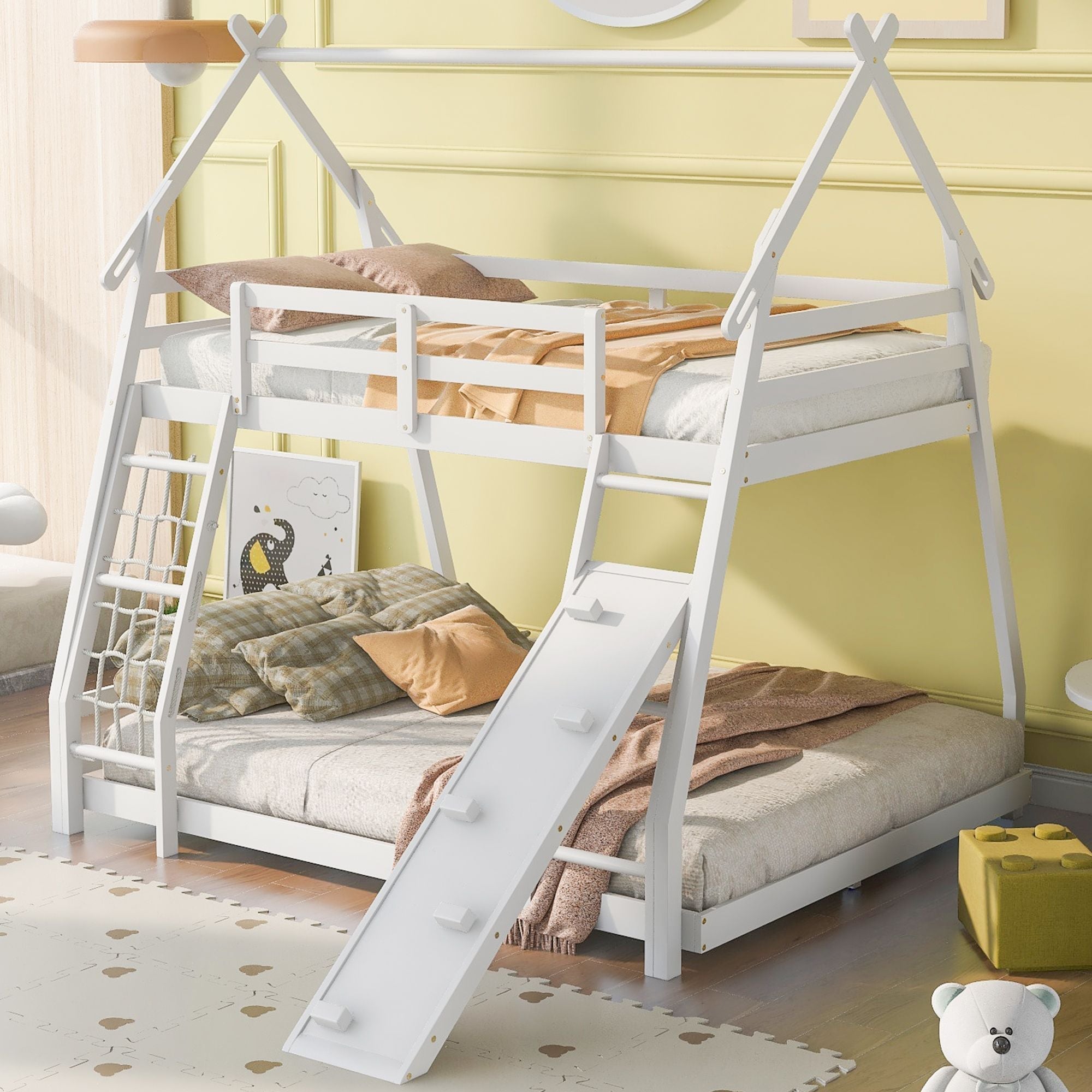 Space-Saving Twin Over Queen Wood Bunk Bed with Climbing Nets and Ramp in White | Just Better Bunk Beds