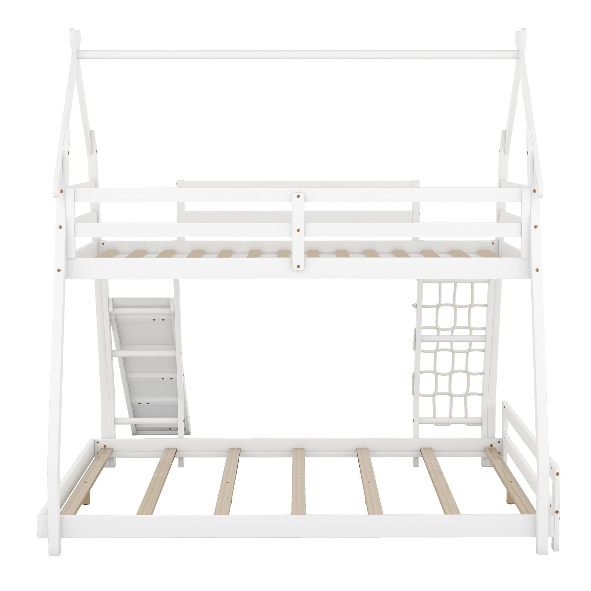 Space-Saving Twin Over Queen Wood Bunk Bed with Climbing Nets and Ramp in White | Just Better Bunk Beds