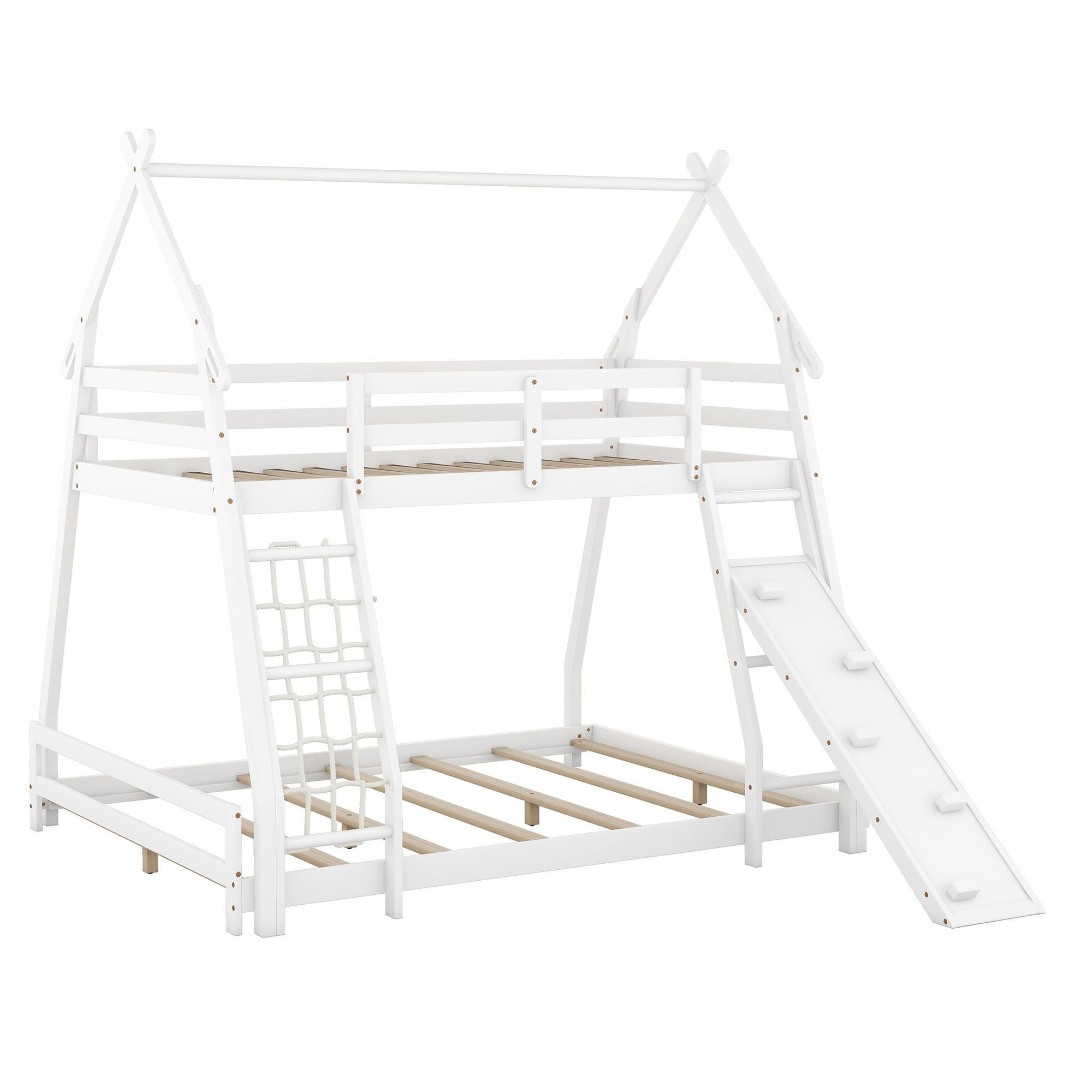Space-Saving Twin Over Queen Wood Bunk Bed with Climbing Nets and Ramp in White | Just Better Bunk Beds