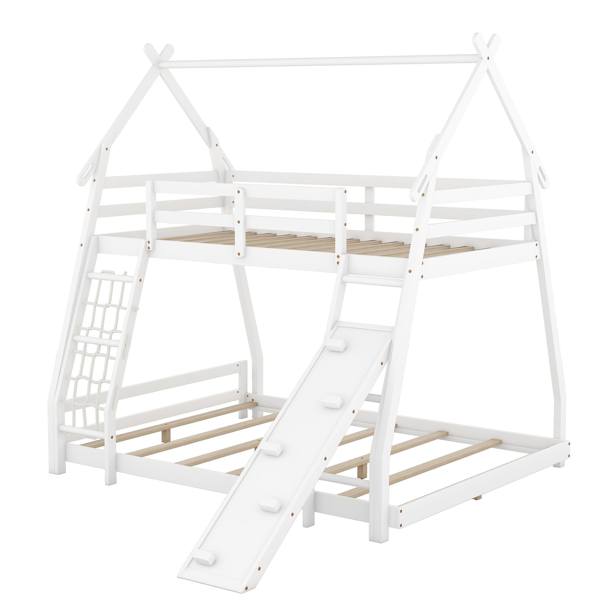 Space-Saving Twin Over Queen Wood Bunk Bed with Climbing Nets and Ramp in White | Just Better Bunk Beds