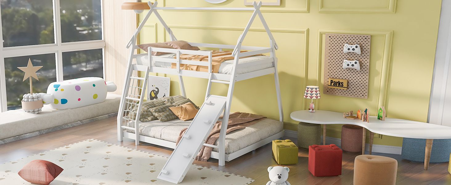 Space-Saving Twin Over Queen Wood Bunk Bed with Climbing Nets and Ramp in White | Just Better Bunk Beds