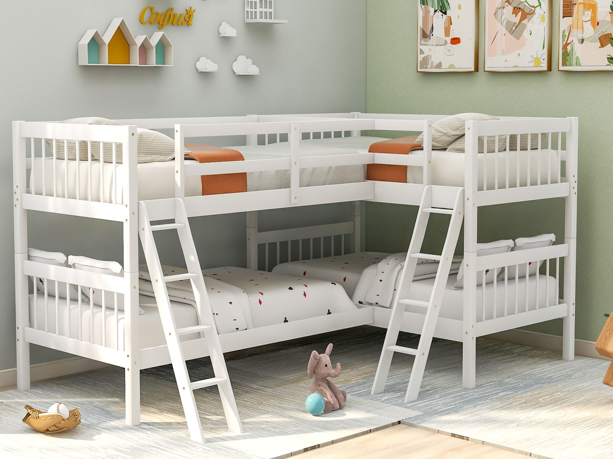 Space-Saving Twin-Over-Twin L-Shaped Wood Bunk Bed with Ladder and Safety Guardrail, Gray | Just Better Bunk Beds