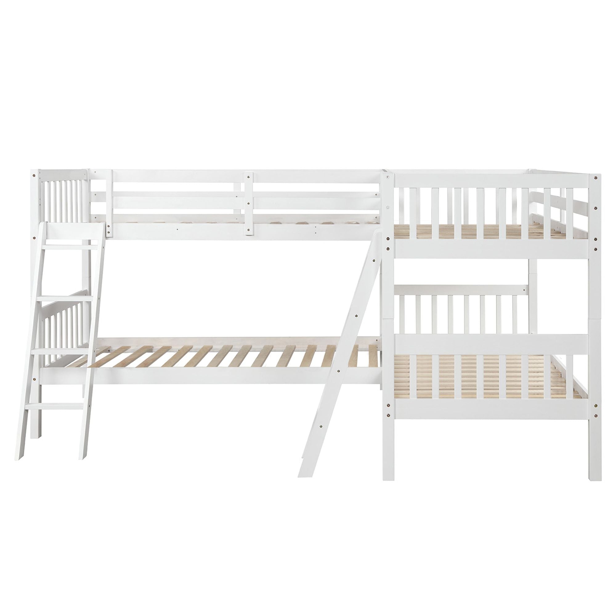 Space-Saving Twin-Over-Twin L-Shaped Wood Bunk Bed with Ladder and Safety Guardrail, Gray | Just Better Bunk Beds