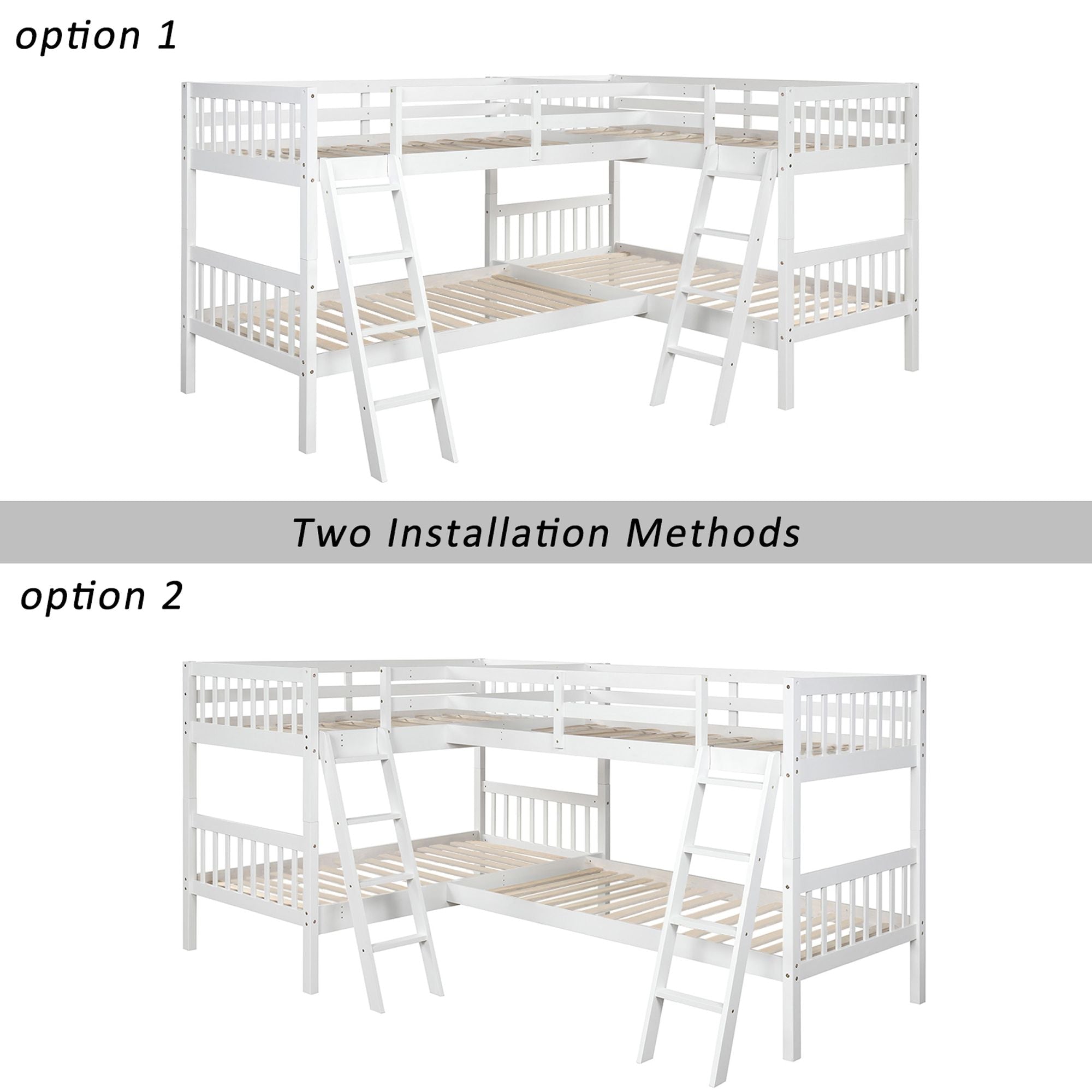Space-Saving Twin-Over-Twin L-Shaped Wood Bunk Bed with Ladder and Safety Guardrail, Gray | Just Better Bunk Beds