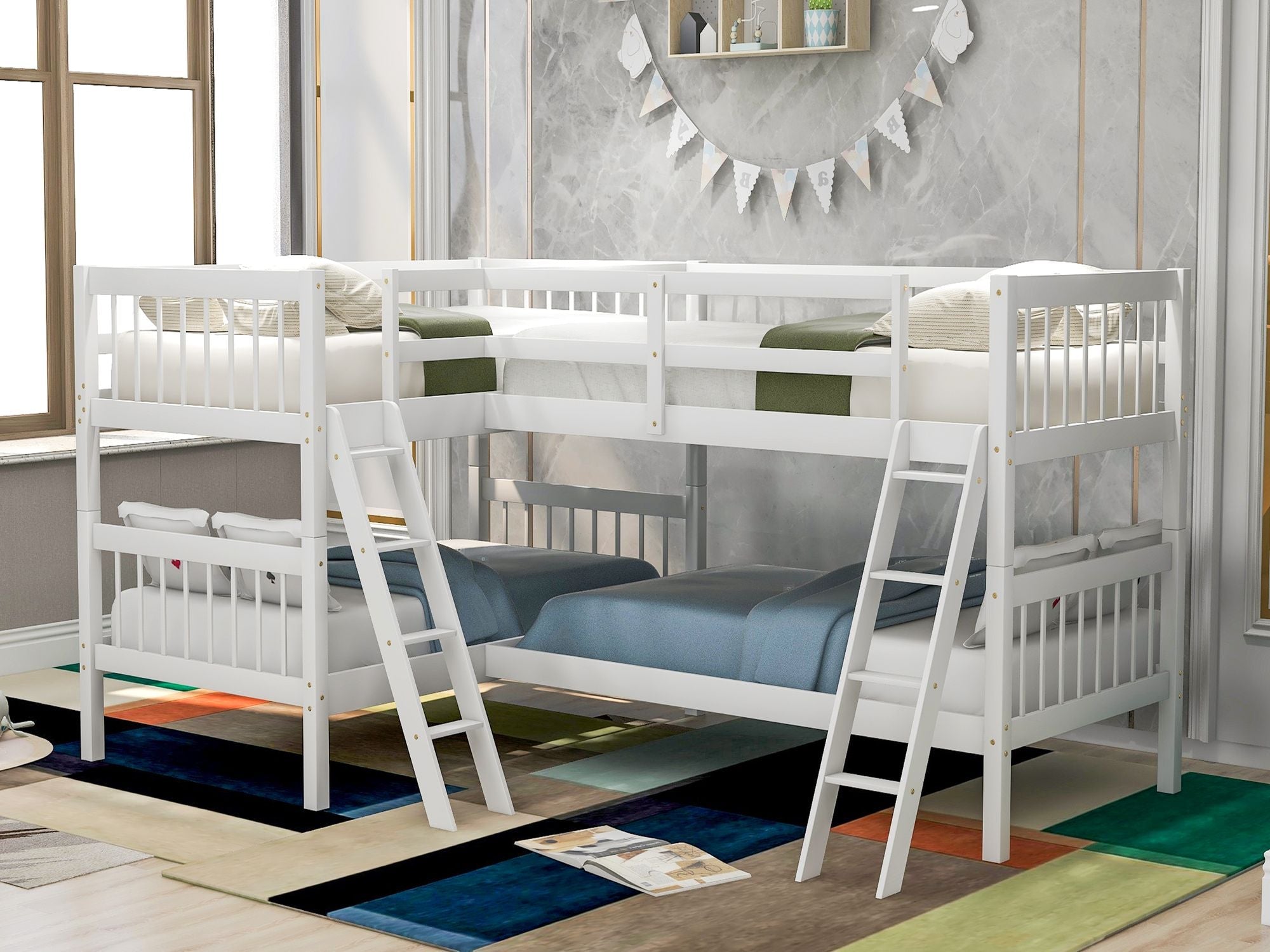 Space-Saving Twin-Over-Twin L-Shaped Wood Bunk Bed with Ladder and Safety Guardrail, Gray | Just Better Bunk Beds