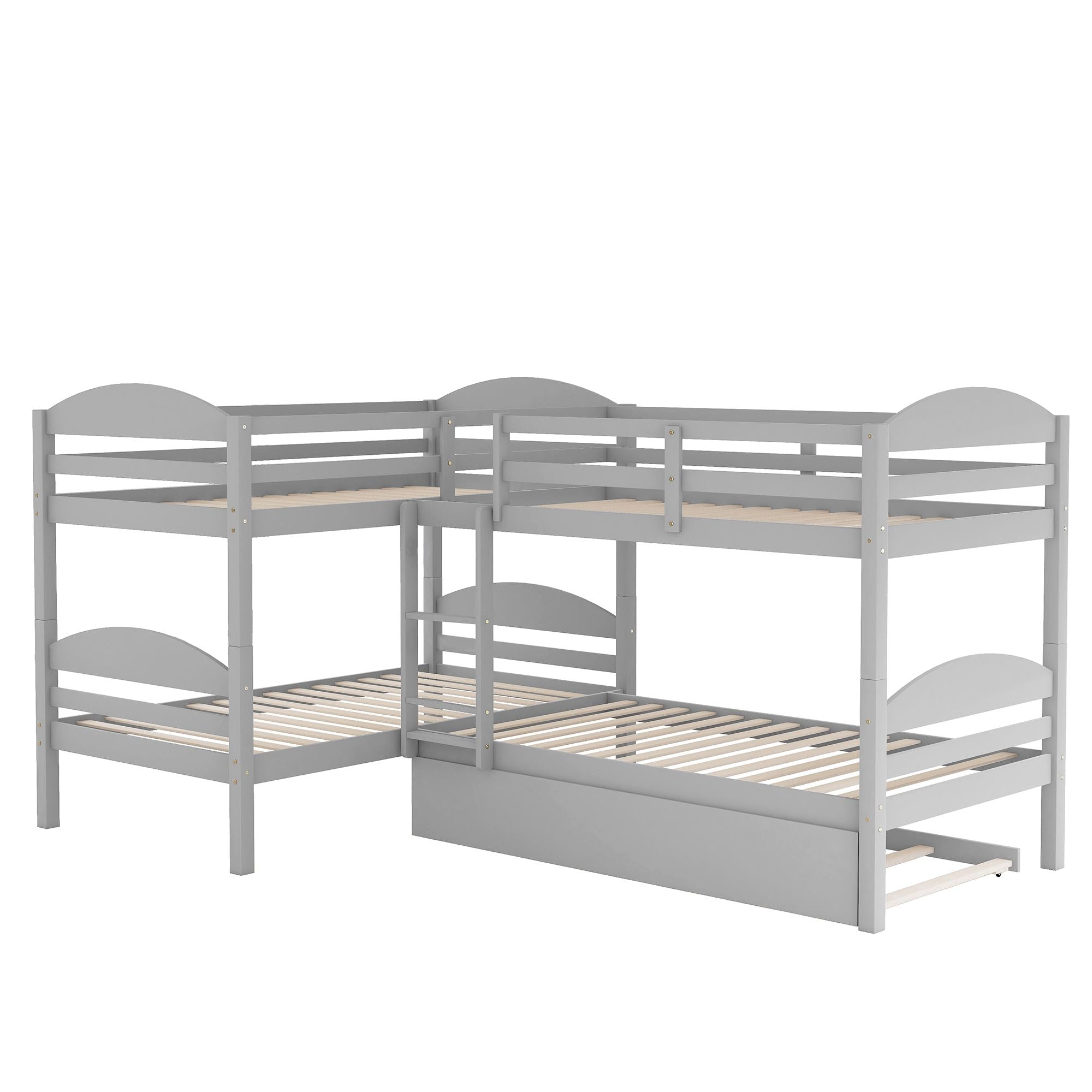 Space-Saving Twin-Over-Twin L-Shaped Wood Bunk Bed with Trundle and Gray Finish | Just Better Bunk Beds