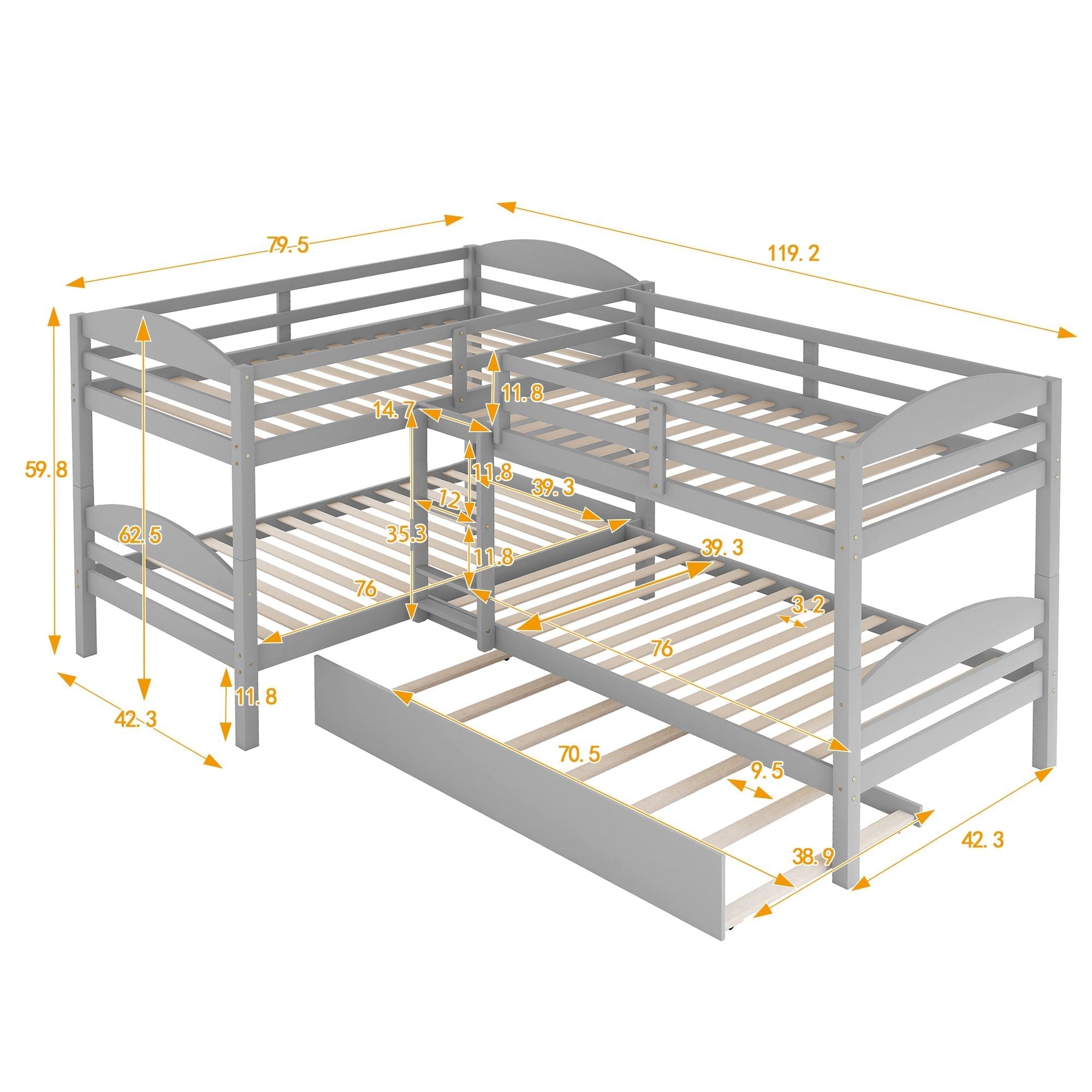 Space-Saving Twin-Over-Twin L-Shaped Wood Bunk Bed with Trundle and Gray Finish | Just Better Bunk Beds