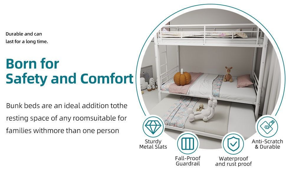 Space-Saving Twin over Twin Metal Bunk Bed with Noise Reduction and Safety Guardrail, White | Just Better Bunk Beds