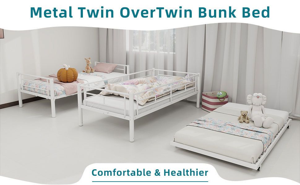 Space-Saving Twin over Twin Metal Bunk Bed with Noise Reduction and Safety Guardrail, White | Just Better Bunk Beds