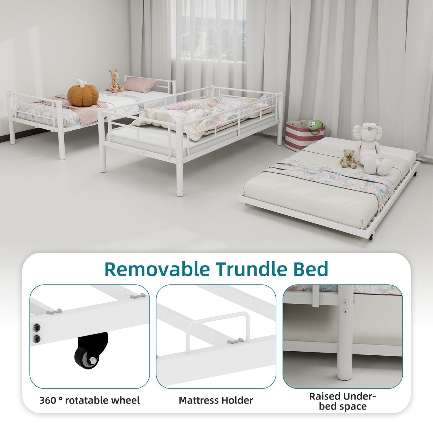 Space-Saving Twin over Twin Metal Bunk Bed with Noise Reduction and Safety Guardrail, White | Just Better Bunk Beds