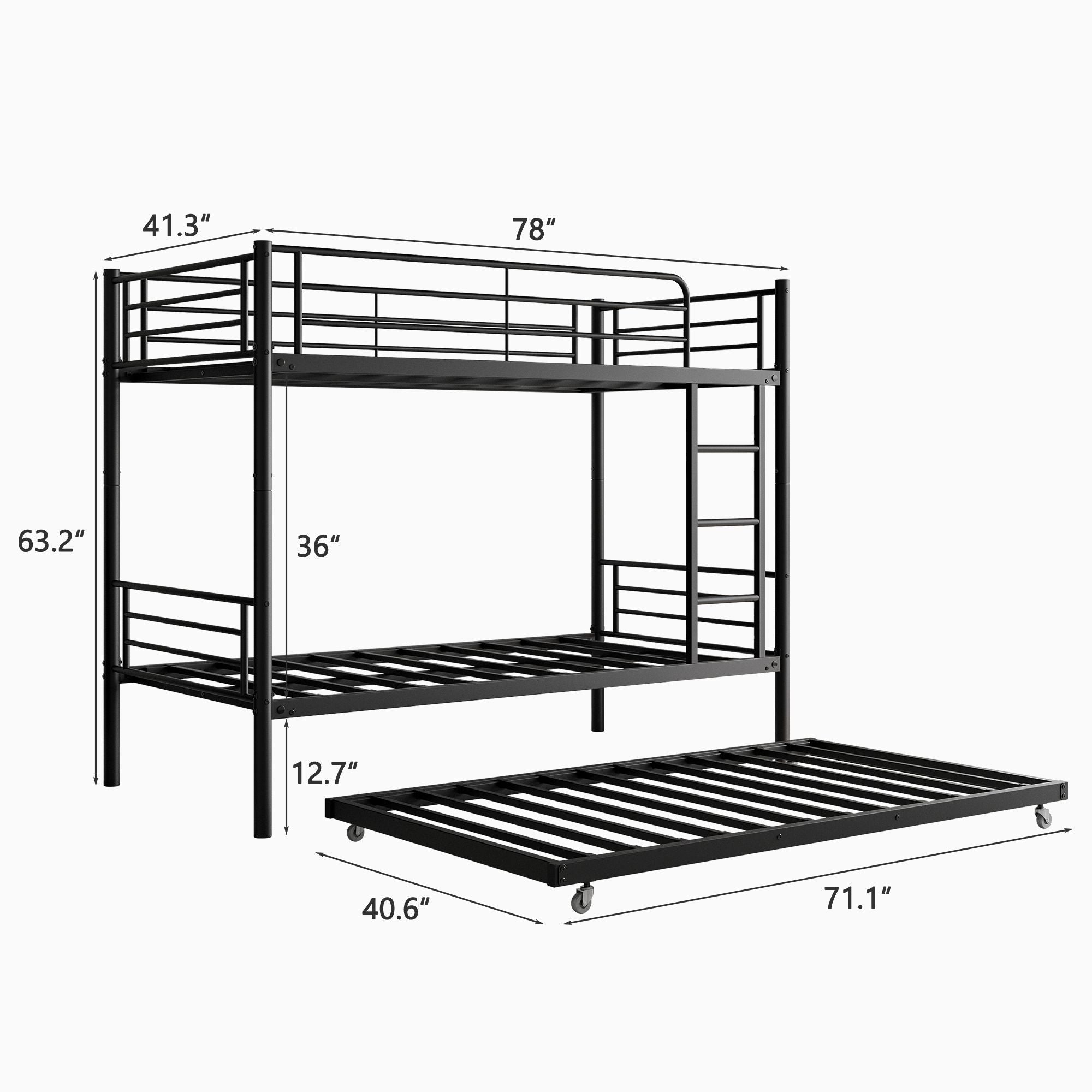 Space-Saving Twin Over Twin Metal Bunk Bed with Trundle, Ladder, and Guardrail in Black | Just Better Bunk Beds