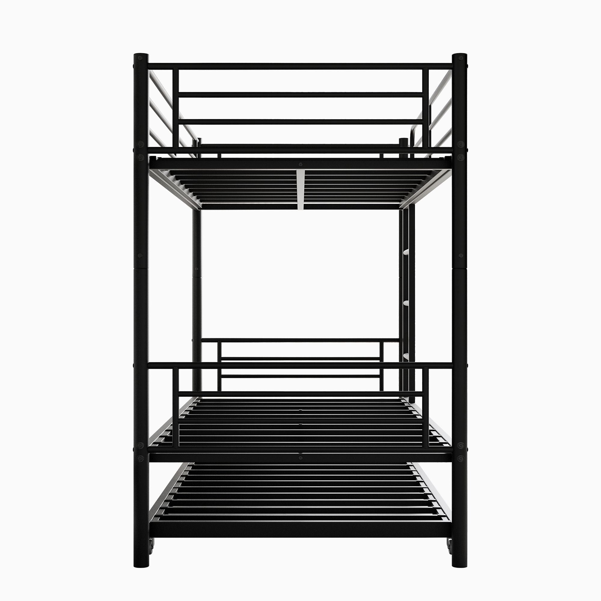 Space-Saving Twin Over Twin Metal Bunk Bed with Trundle, Ladder, and Guardrail in Black | Just Better Bunk Beds