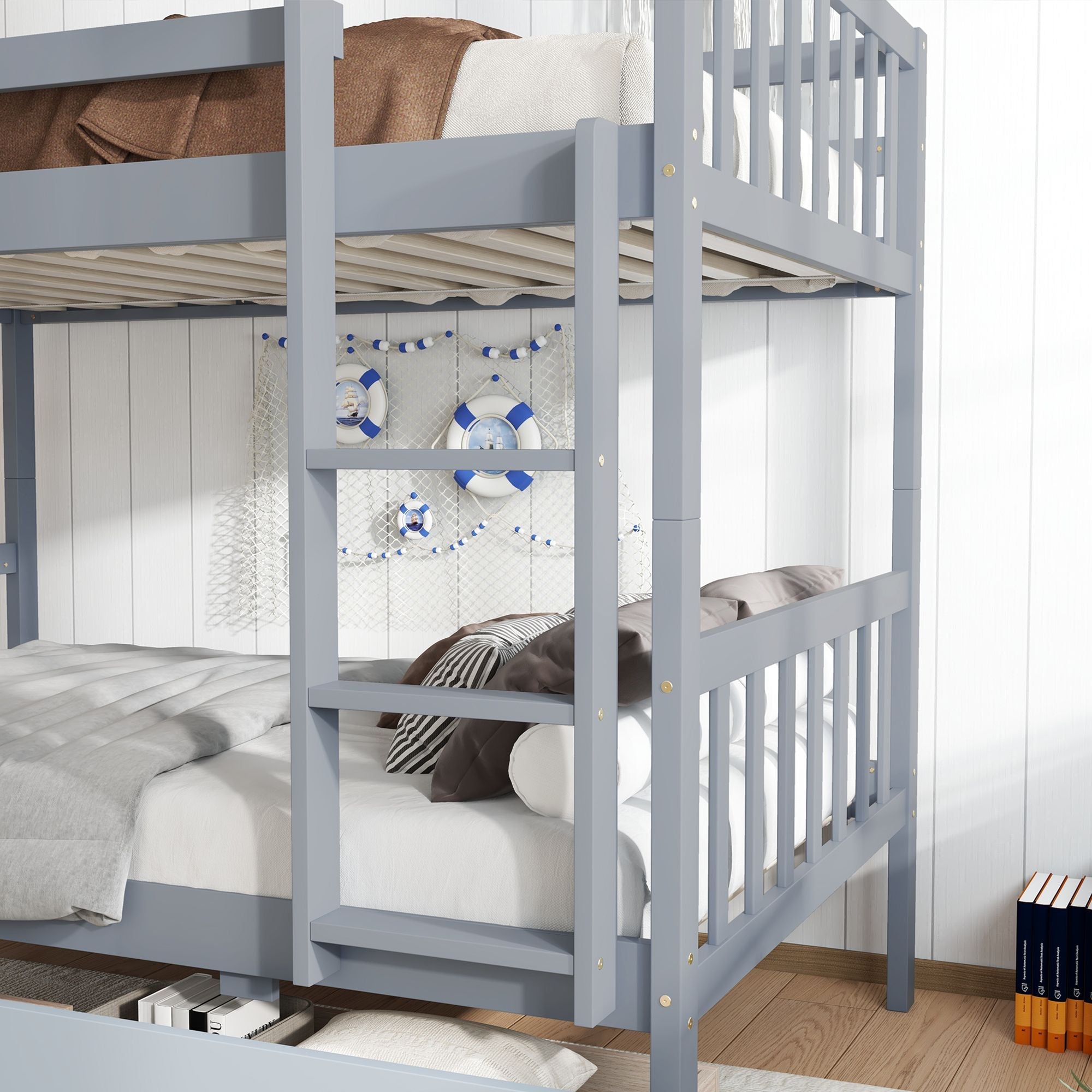 Space-Saving Twin Over Twin Rubber Wood Bunk Bed with 2 Drawers, Ladder, Guardrails in Multiple Colors | Just Better Bunk Beds