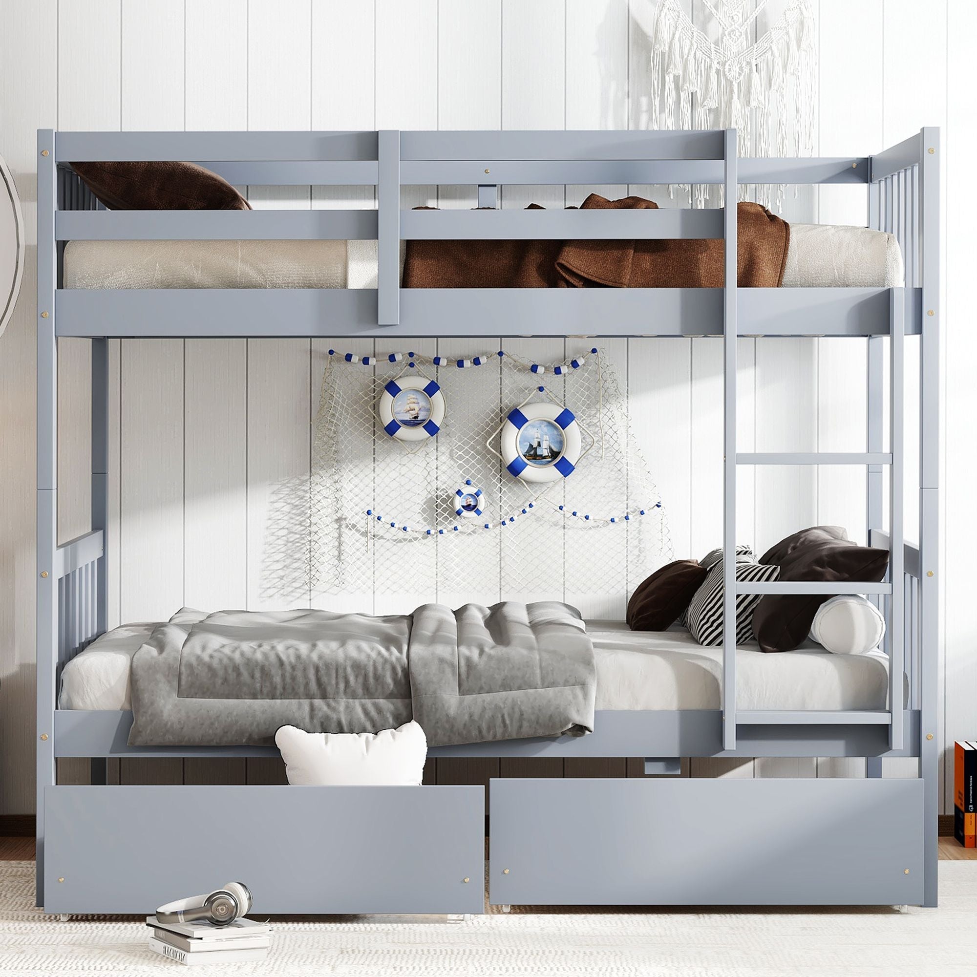 Space-Saving Twin Over Twin Rubber Wood Bunk Bed with 2 Drawers, Ladder, Guardrails in Multiple Colors | Just Better Bunk Beds