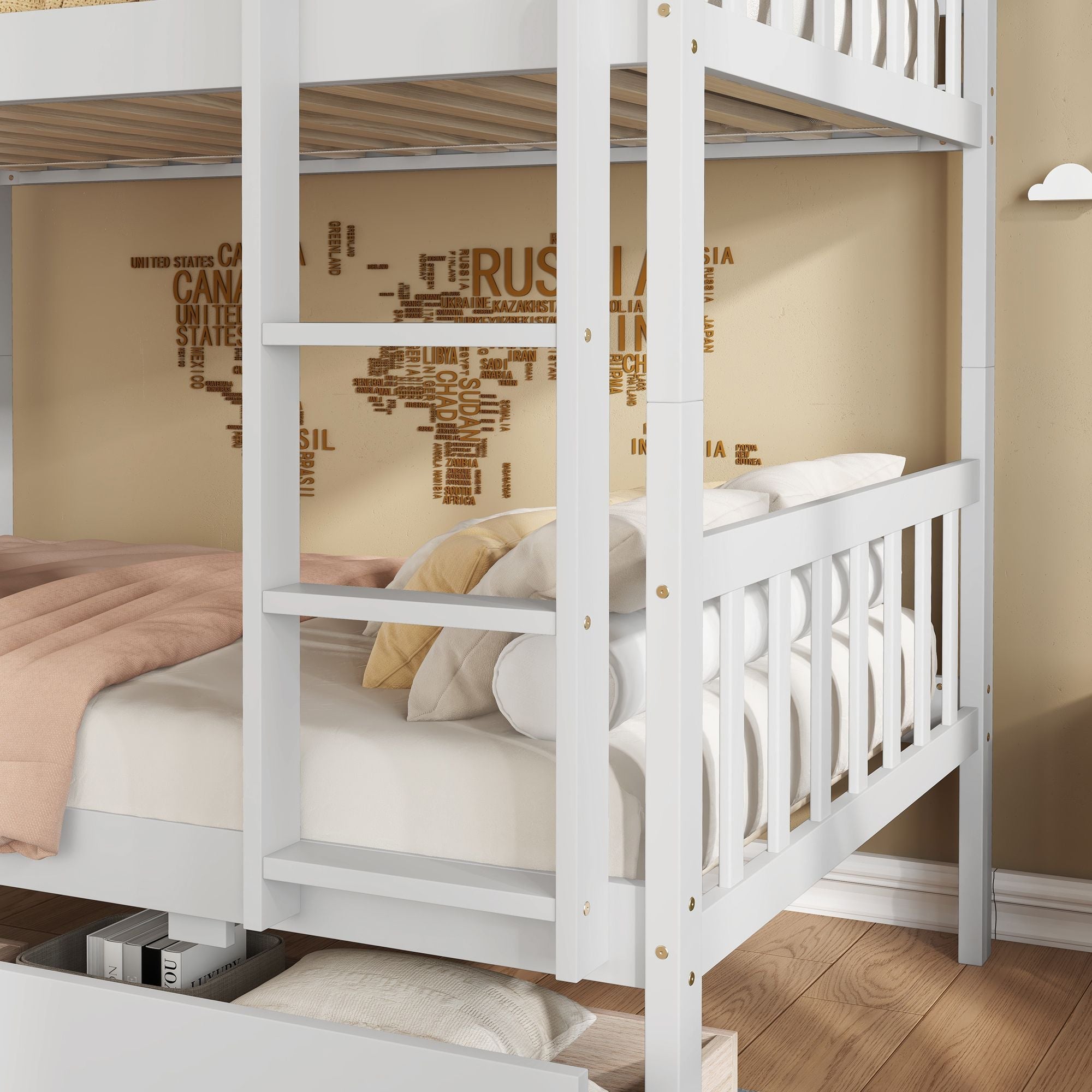 Space-Saving Twin Over Twin Rubber Wood Bunk Bed with 2 Drawers, Ladder, Guardrails in Multiple Colors | Just Better Bunk Beds