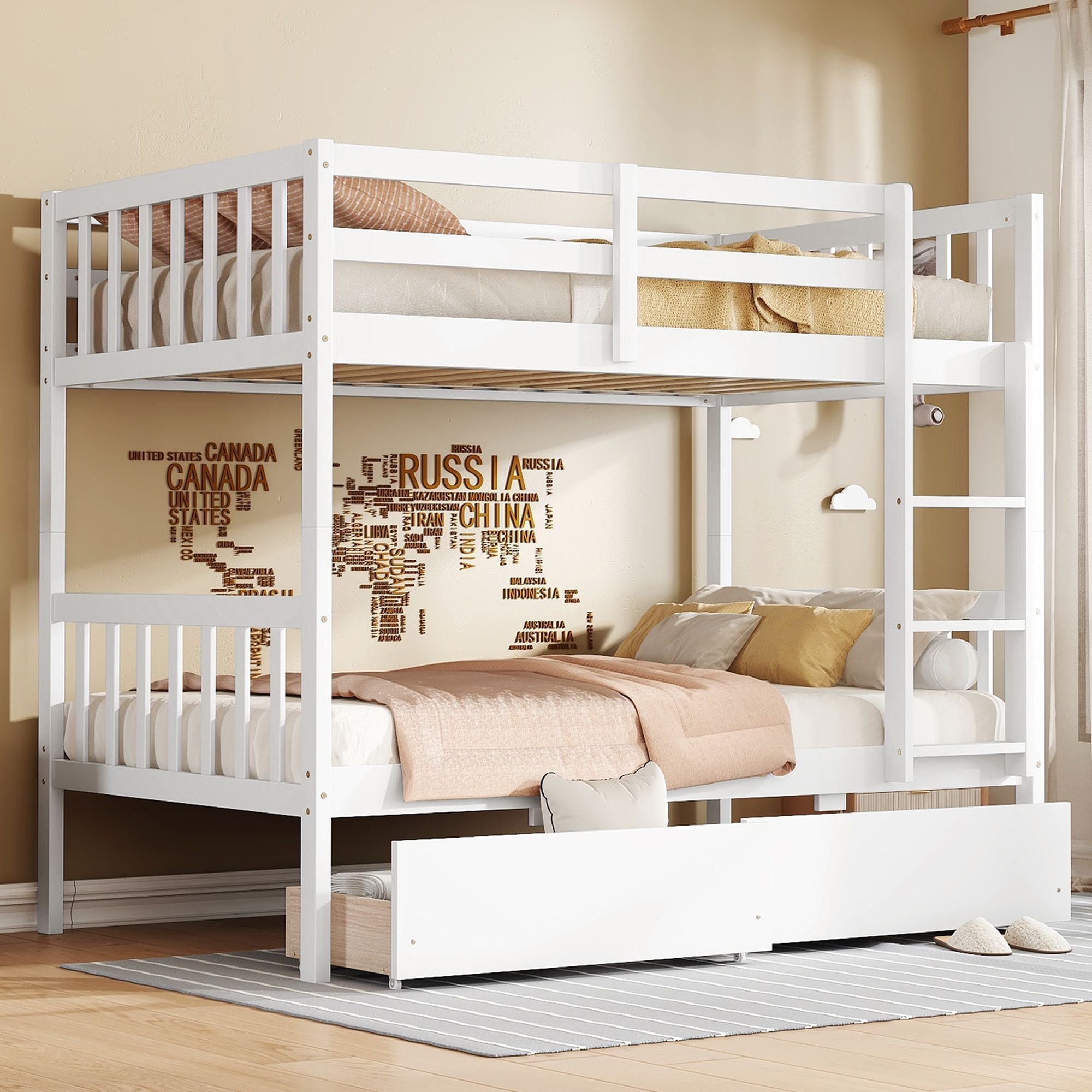 Space-Saving Twin Over Twin Rubber Wood Bunk Bed with 2 Drawers, Ladder, Guardrails in Multiple Colors | Just Better Bunk Beds