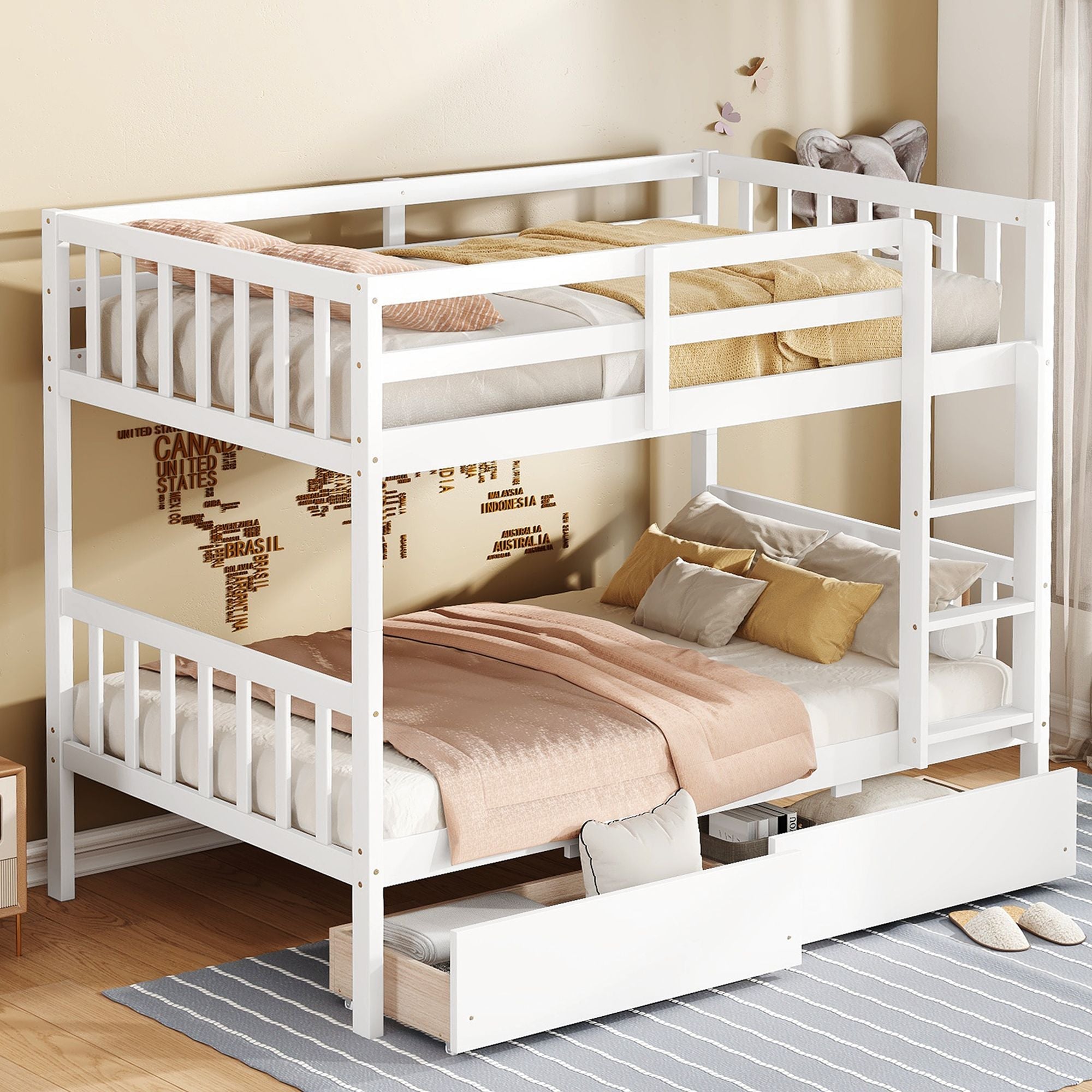 Space-Saving Twin Over Twin Rubber Wood Bunk Bed with 2 Drawers, Ladder, Guardrails in Multiple Colors | Just Better Bunk Beds