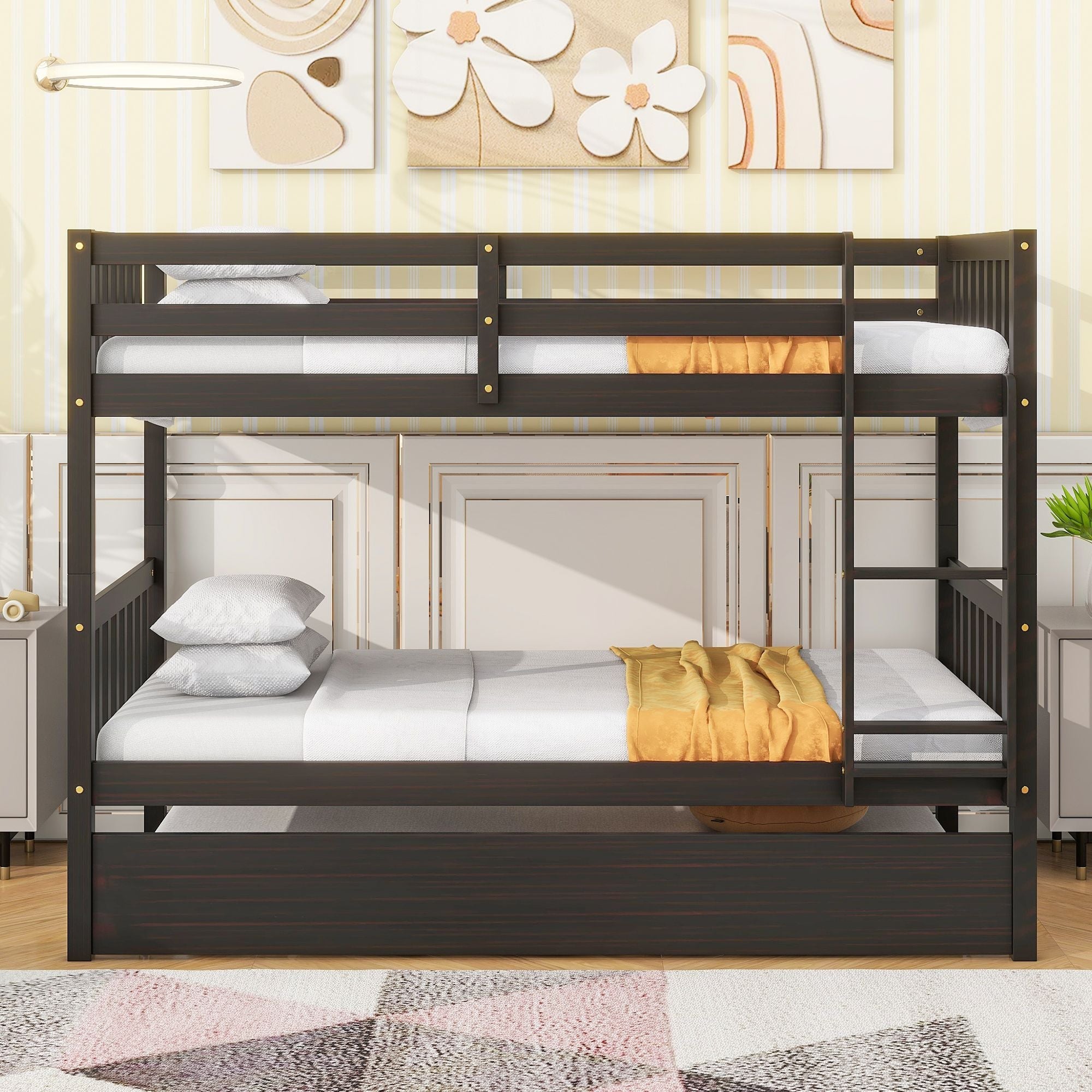 Space-Saving Twin Over Twin Rubberwood Bunk Bed with Trundle and Safety Guardrails, Espresso | Just Better Bunk Beds