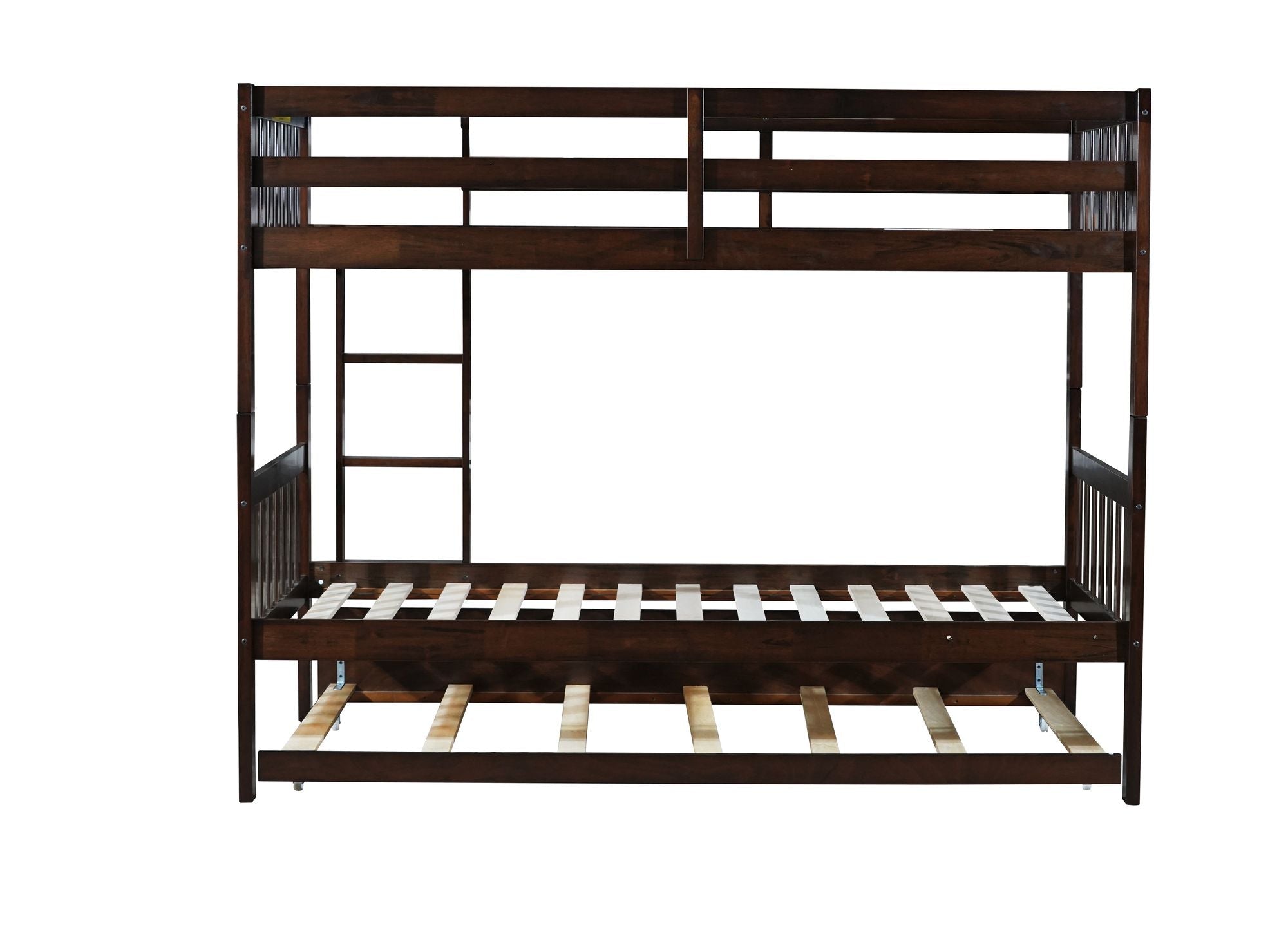 Space-Saving Twin Over Twin Rubberwood Bunk Bed with Trundle and Safety Guardrails, Espresso | Just Better Bunk Beds
