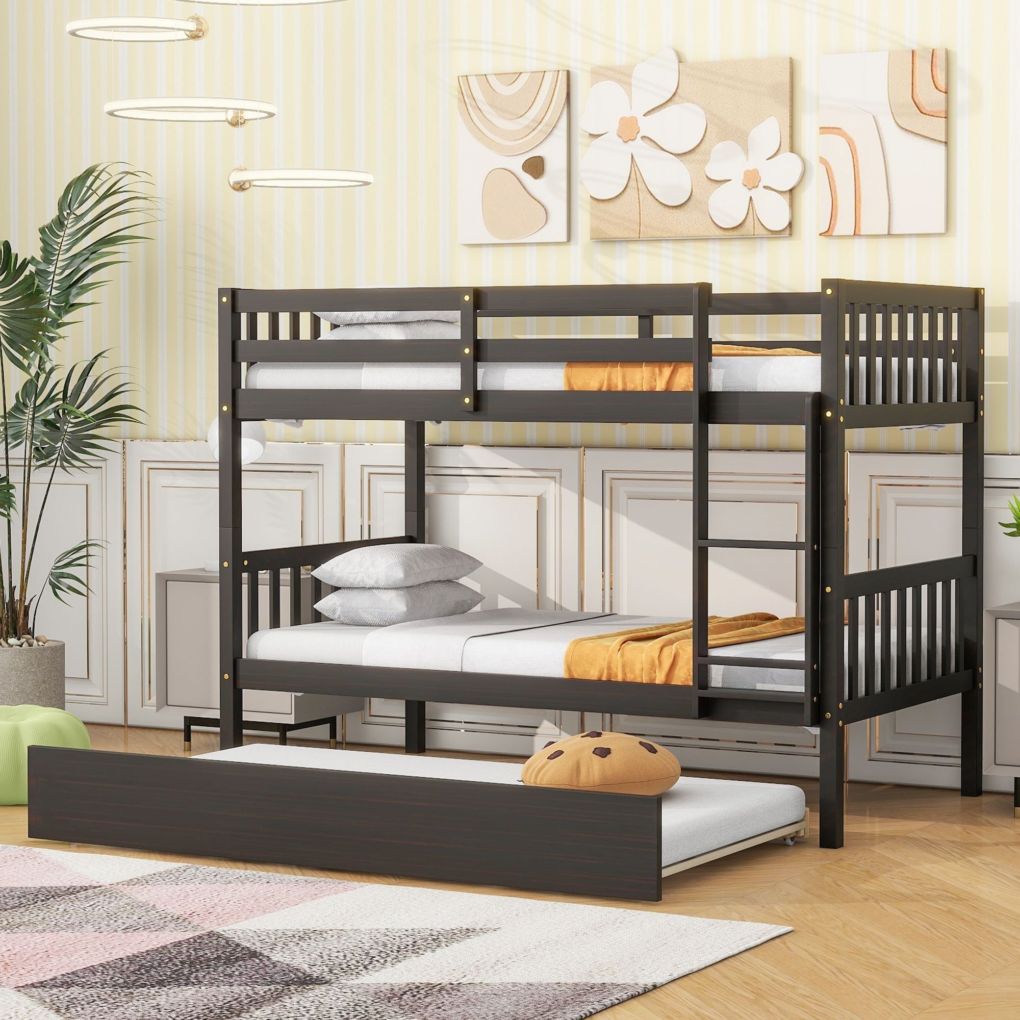 Space-Saving Twin Over Twin Rubberwood Bunk Bed with Trundle and Safety Guardrails, Espresso | Just Better Bunk Beds
