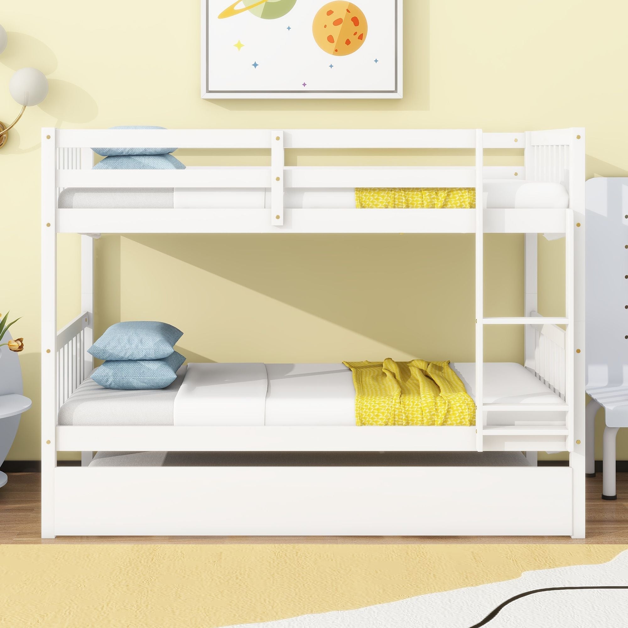 Space-Saving Twin Over Twin Rubberwood Bunk Bed with Trundle, Convertible, Ladder, Guardrails, White | Just Better Bunk Beds