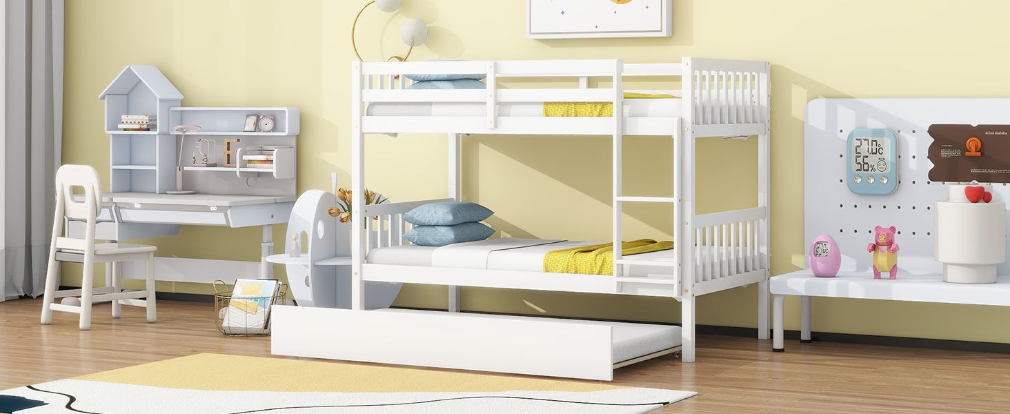 Space-Saving Twin Over Twin Rubberwood Bunk Bed with Trundle, Convertible, Ladder, Guardrails, White | Just Better Bunk Beds