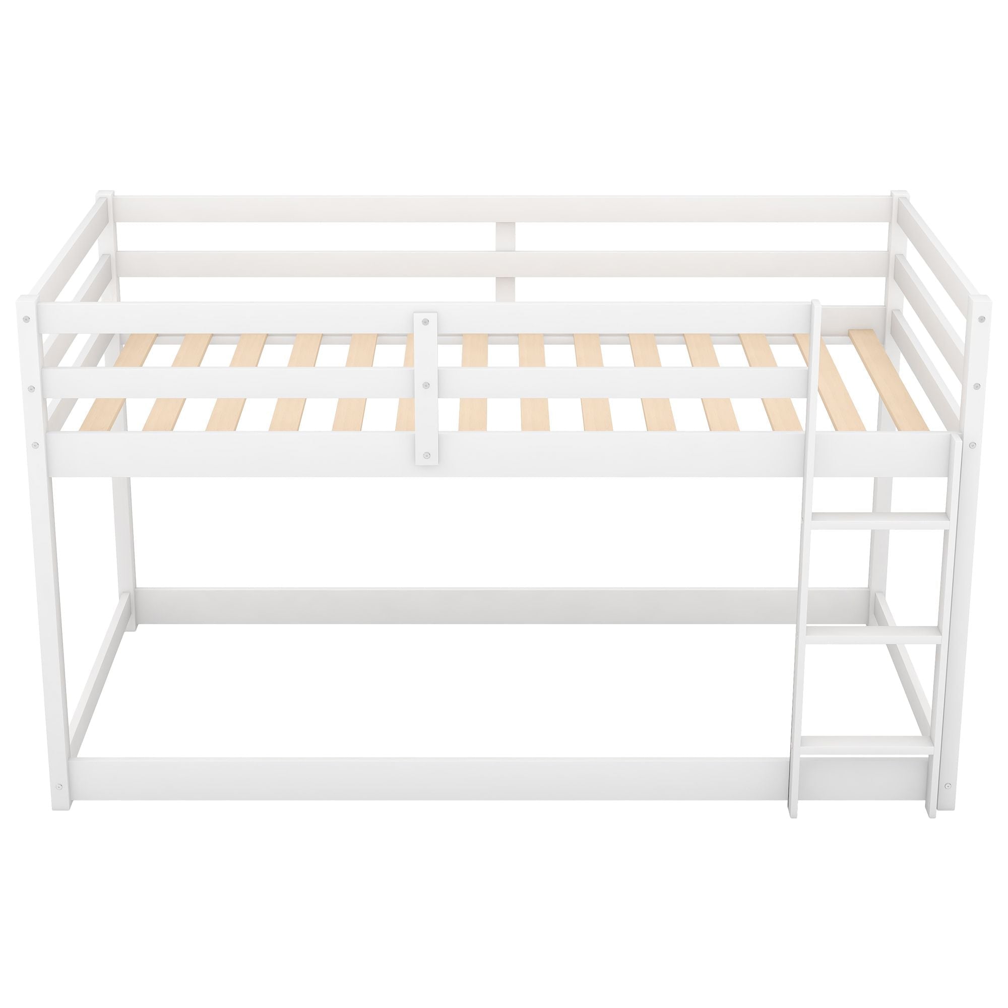 Space-Saving Twin Over Twin Wood Bunk Bed with Built-In Ladder, White Finish | Just Better Bunk Beds