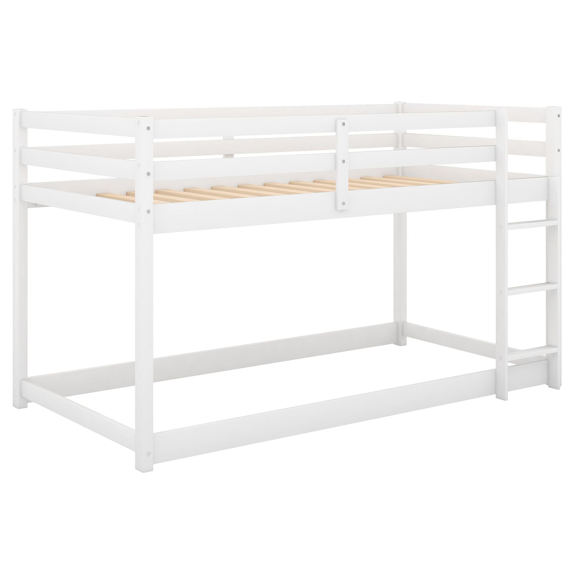 Space-Saving Twin Over Twin Wood Bunk Bed with Built-In Ladder, White Finish | Just Better Bunk Beds