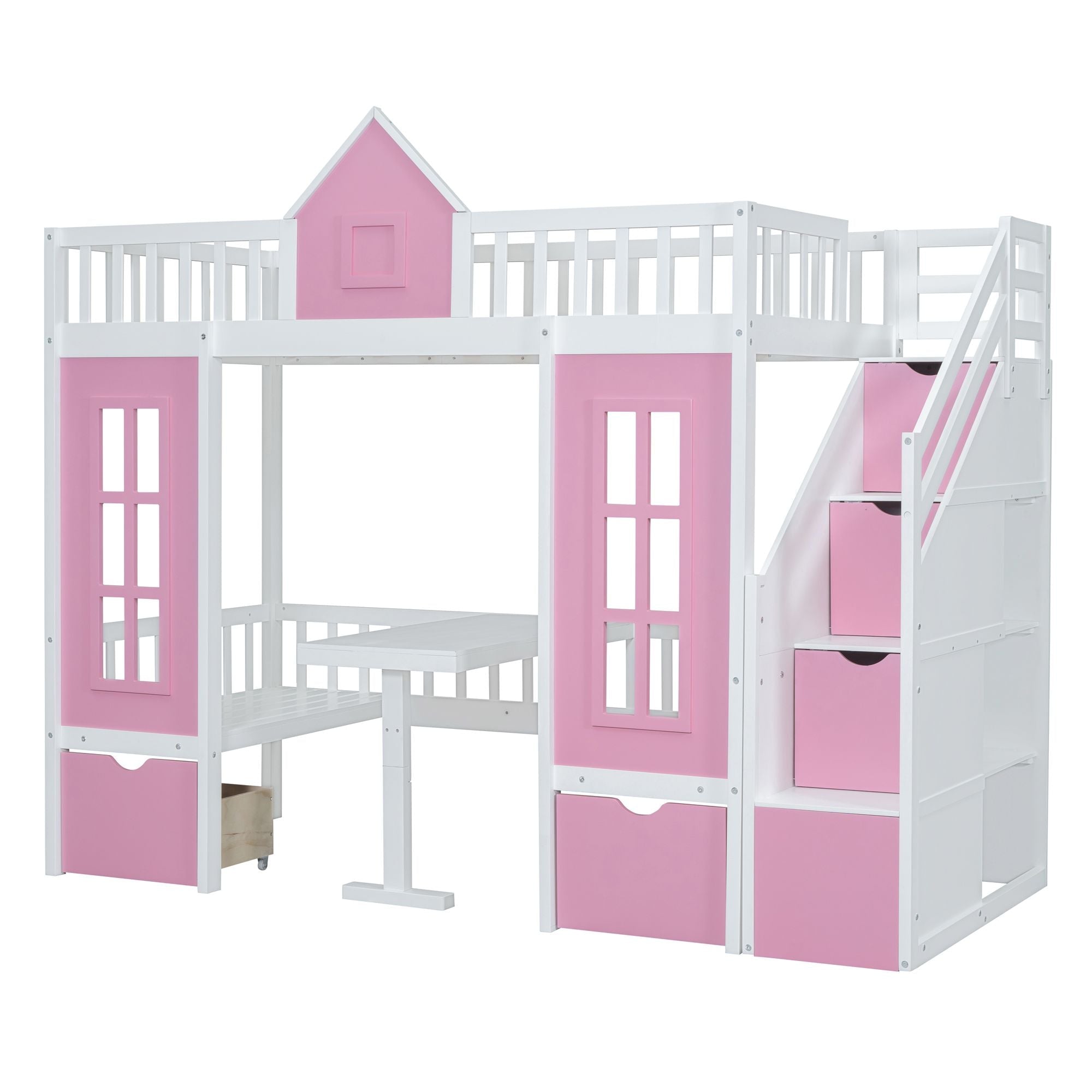 Space-Saving Twin Over Twin Wood Bunk Bed with Convertible Desk Pink Finish | Just Better Bunk Beds