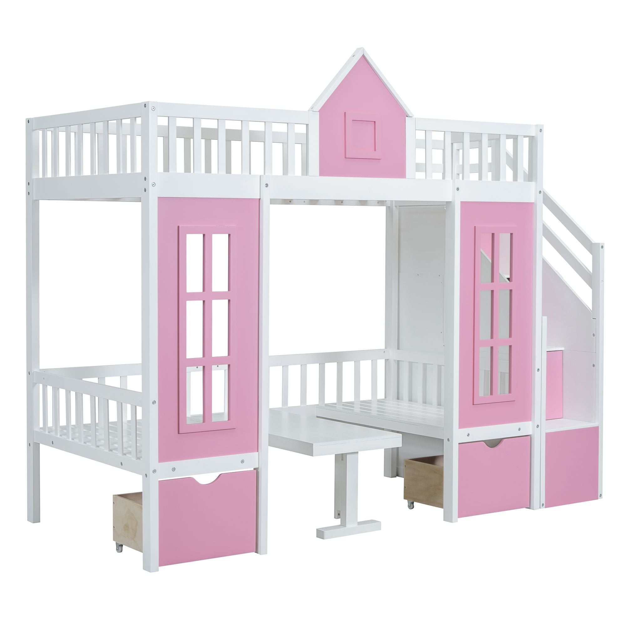 Space-Saving Twin Over Twin Wood Bunk Bed with Convertible Desk Pink Finish | Just Better Bunk Beds