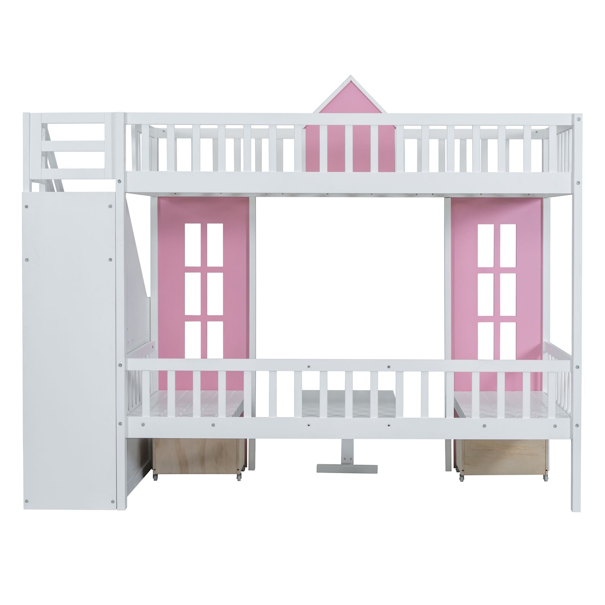 Space-Saving Twin Over Twin Wood Bunk Bed with Convertible Desk Pink Finish | Just Better Bunk Beds
