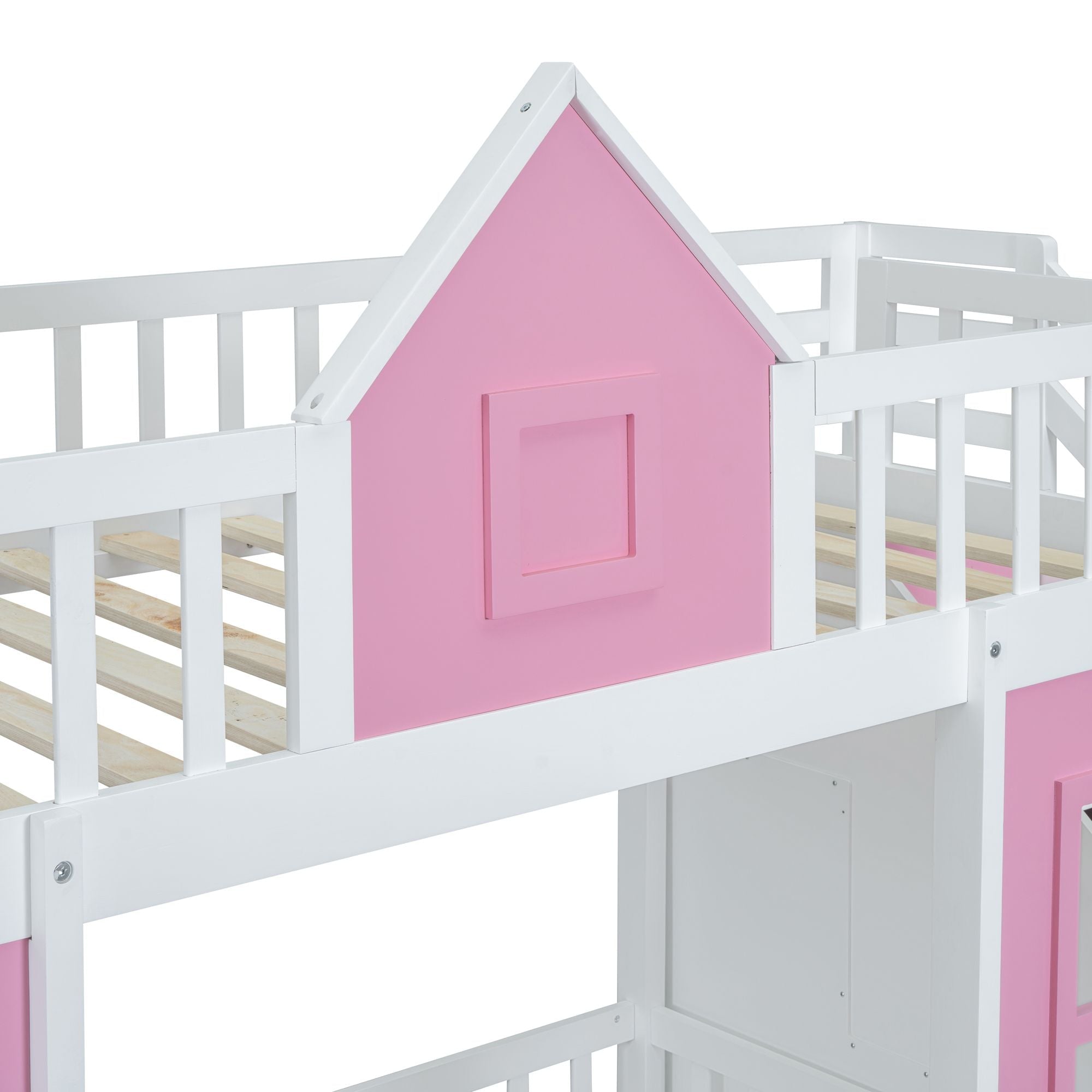 Space-Saving Twin Over Twin Wood Bunk Bed with Convertible Desk Pink Finish | Just Better Bunk Beds