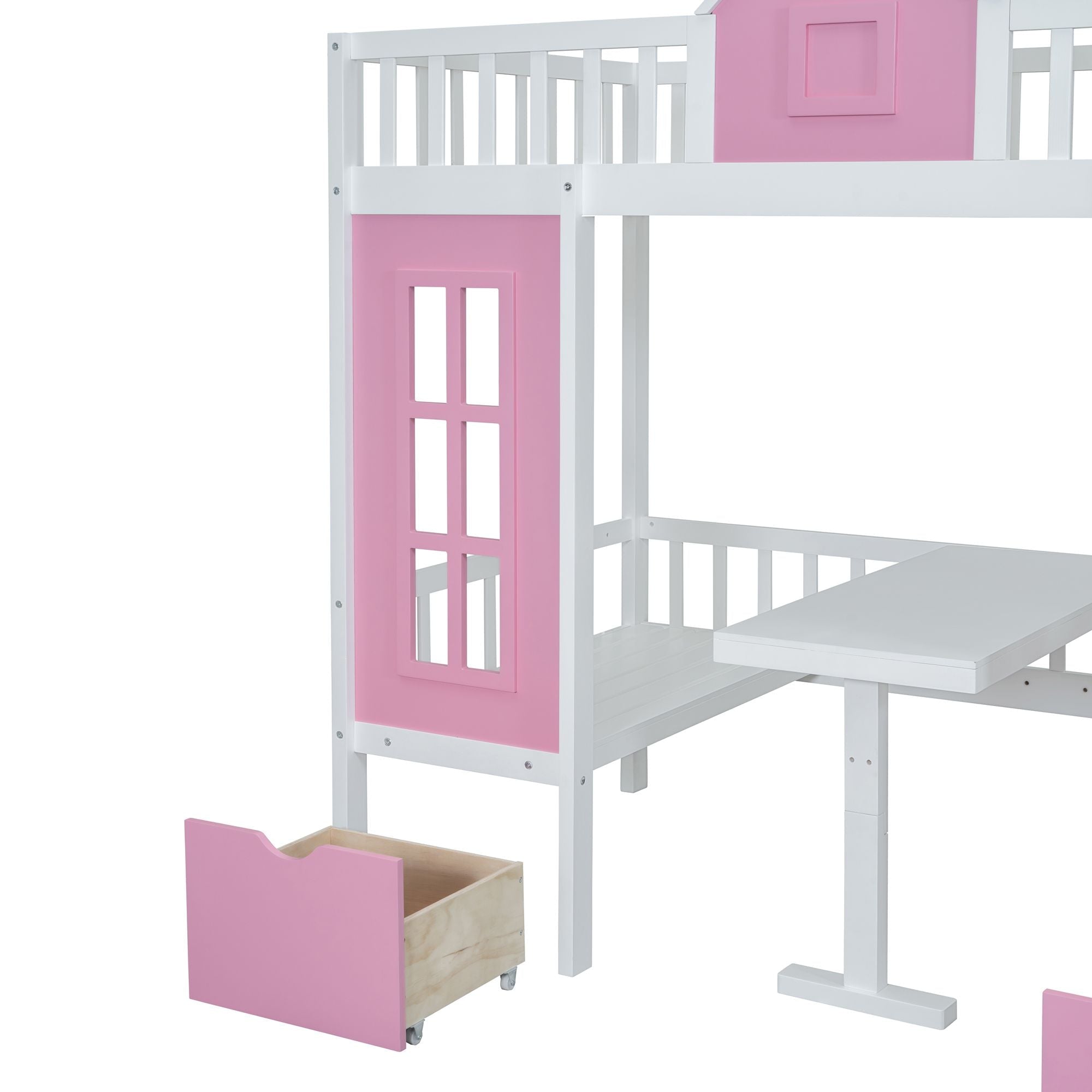 Space-Saving Twin Over Twin Wood Bunk Bed with Convertible Desk Pink Finish | Just Better Bunk Beds