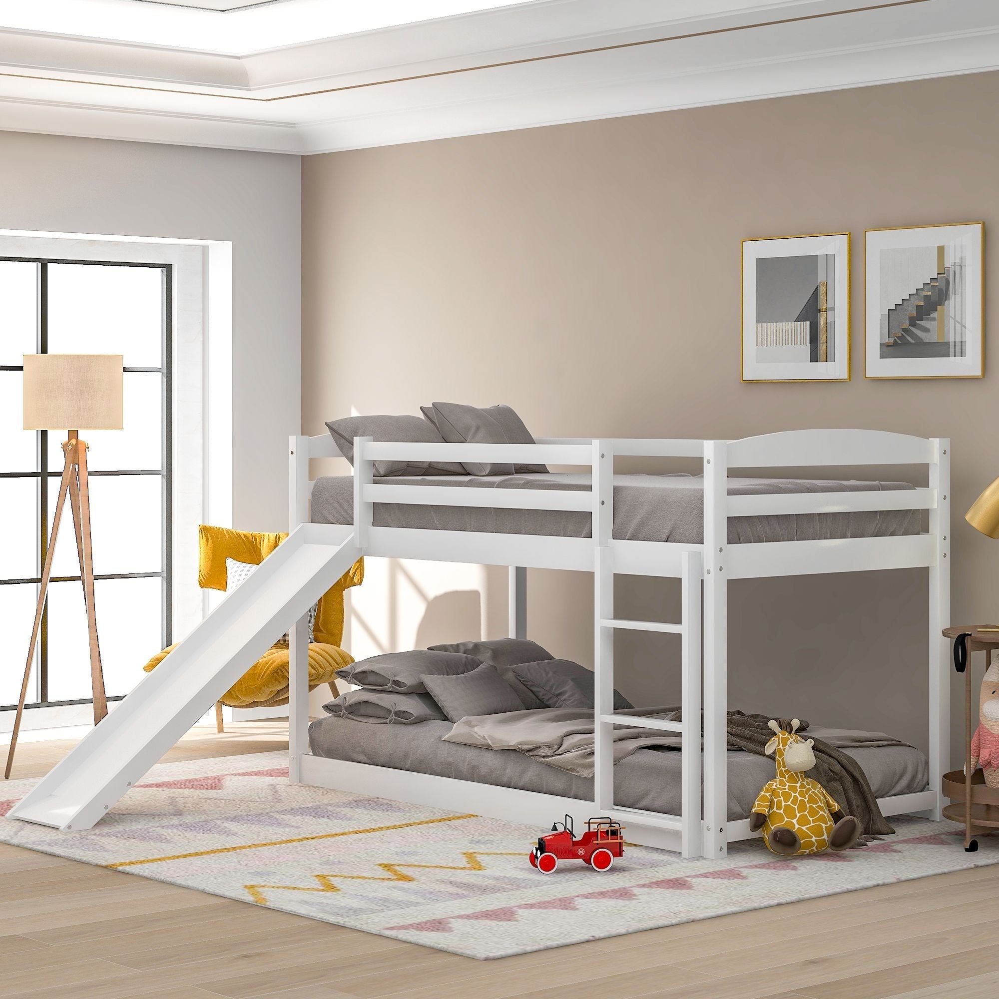 Space-Saving Twin Over Twin Wood Bunk Bed with Convertible Slide and Ladder in Gray | Just Better Bunk Beds