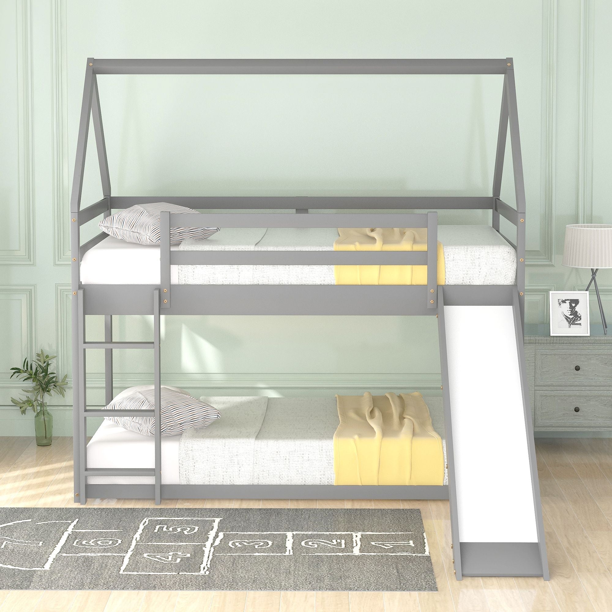 Space-Saving Twin Over Twin Wood Bunk Bed with Slide and Ladder, White or Gray | Just Better Bunk Beds