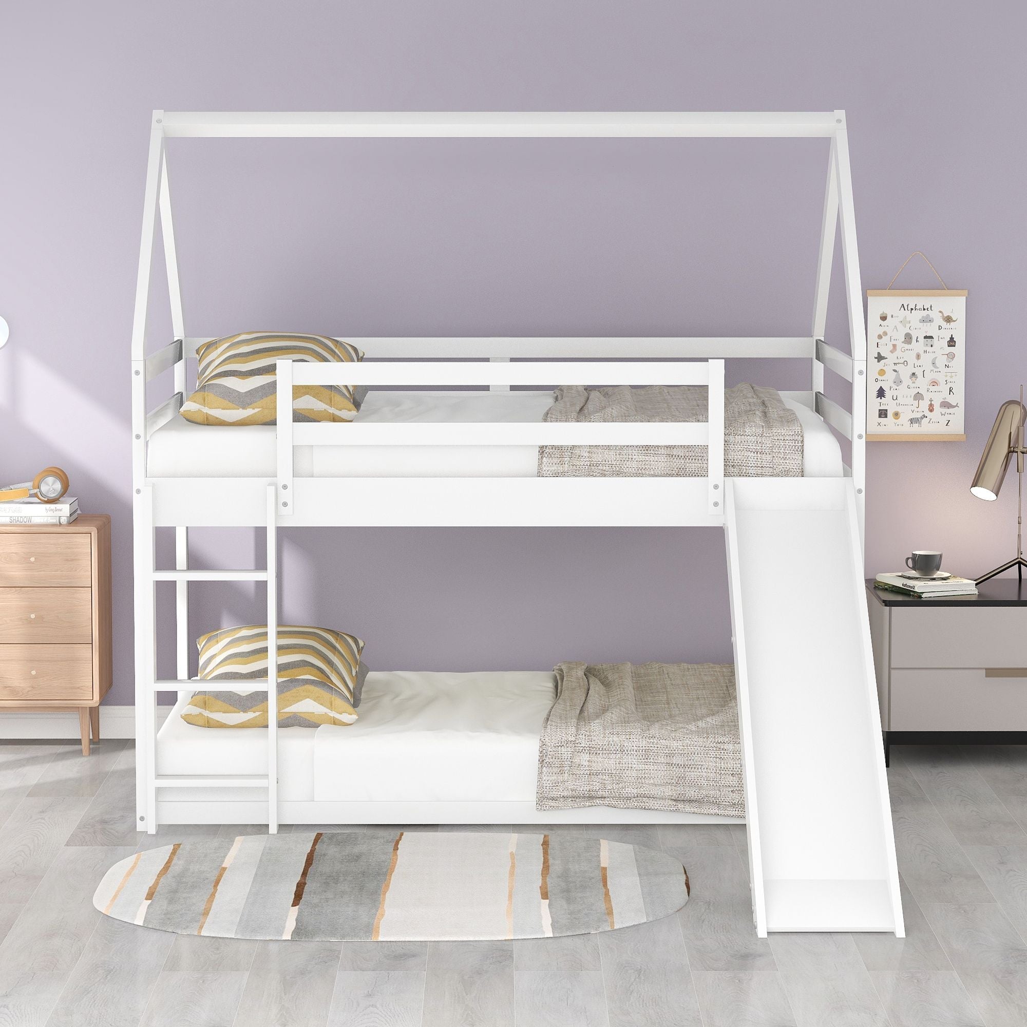 Space-Saving Twin Over Twin Wood Bunk Bed with Slide and Ladder, White or Gray | Just Better Bunk Beds