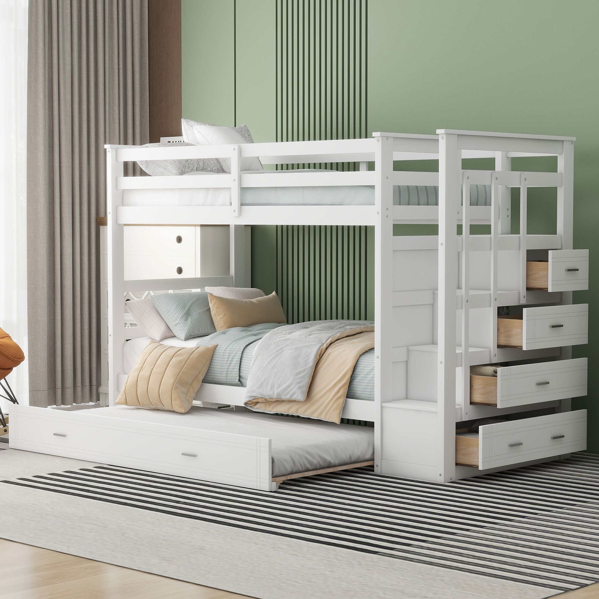 Space-Saving Twin Over Twin Wood Bunk Bed with Staircase Storage and Trundle in White | Just Better Bunk Beds
