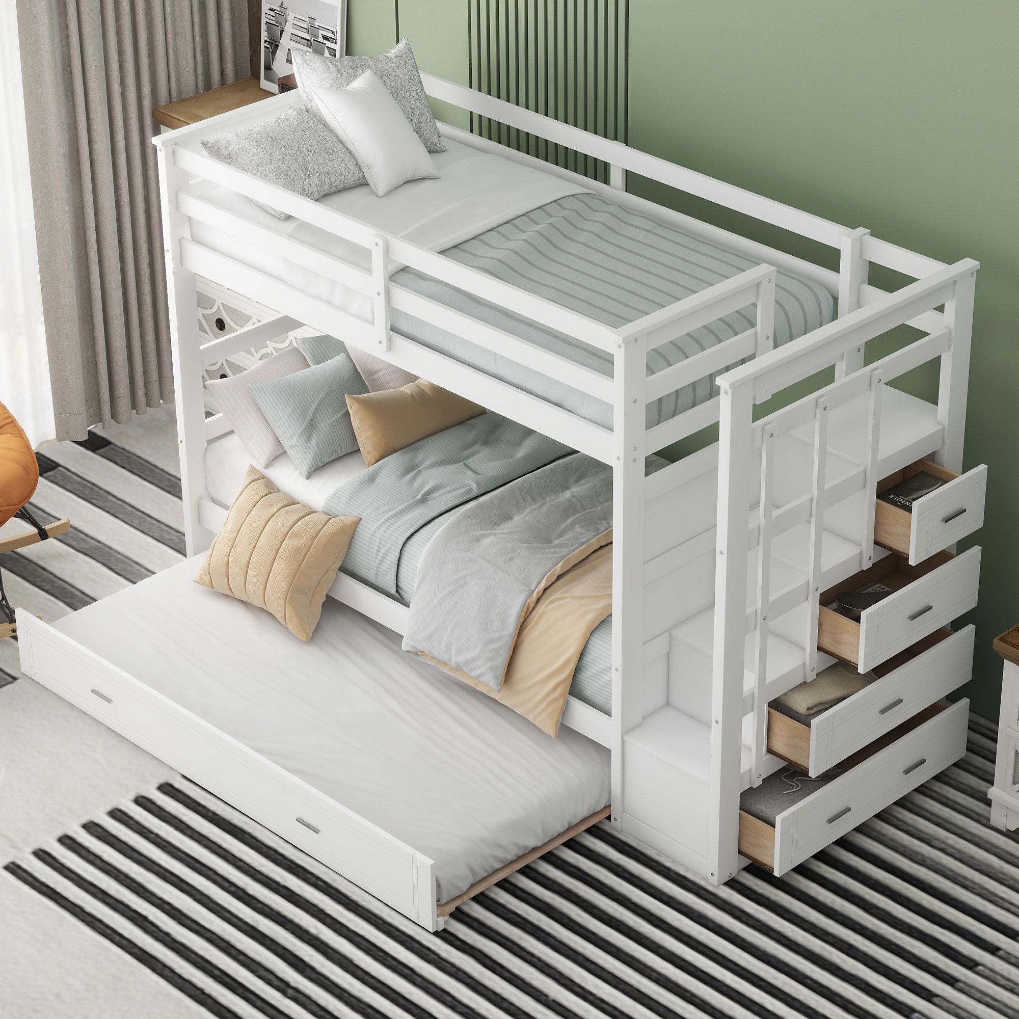 Space-Saving Twin Over Twin Wood Bunk Bed with Staircase Storage and Trundle in White | Just Better Bunk Beds