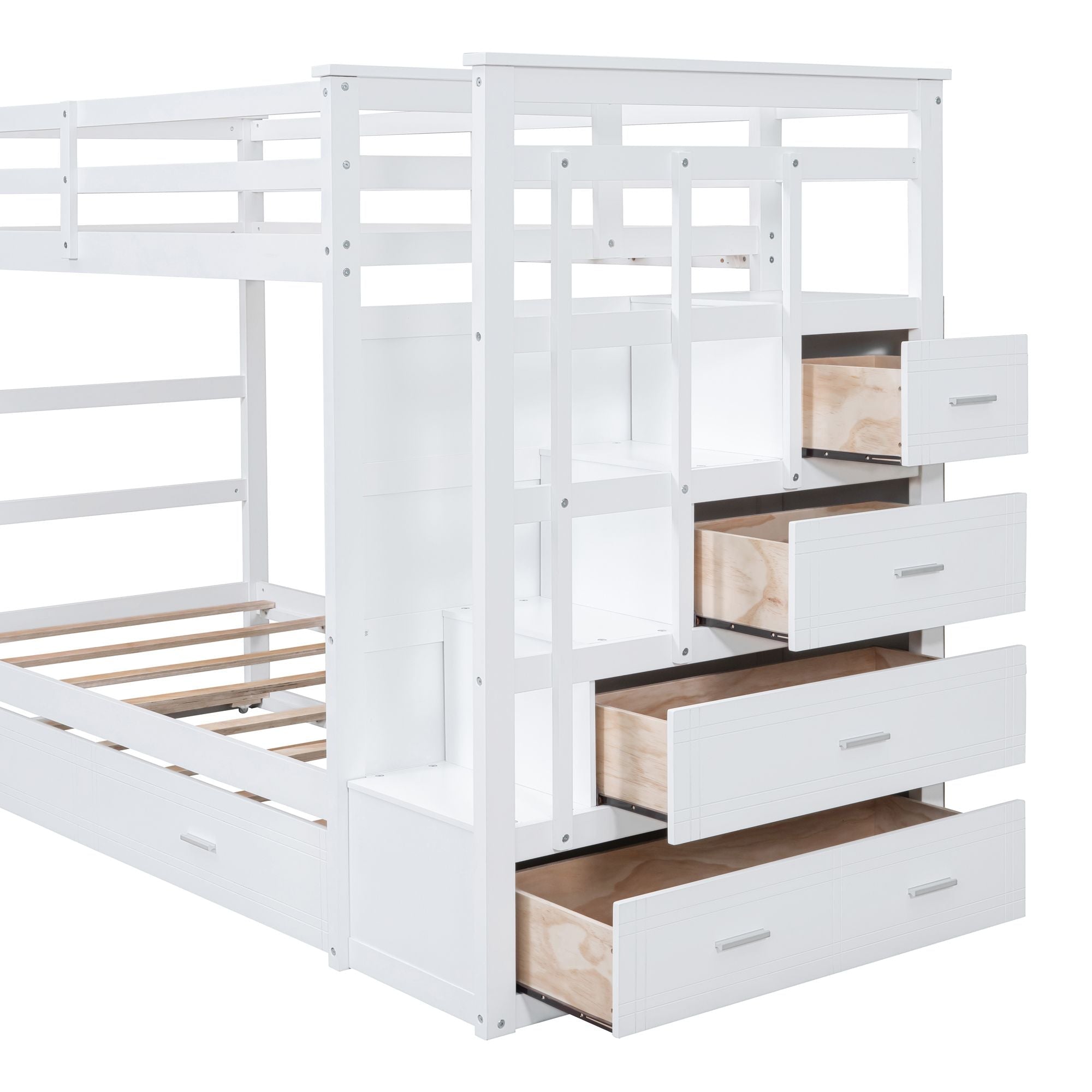 Space-Saving Twin Over Twin Wood Bunk Bed with Staircase Storage and Trundle in White | Just Better Bunk Beds