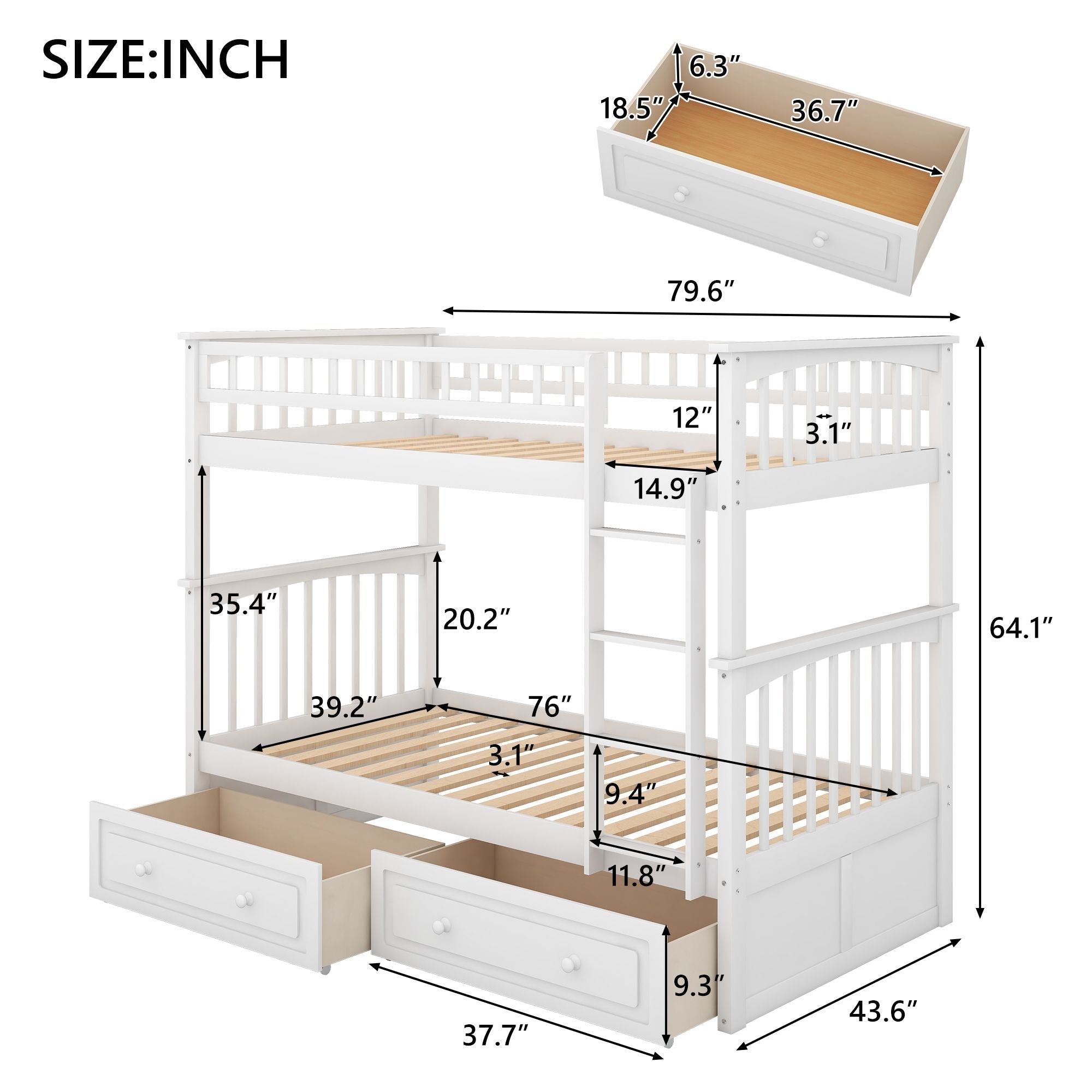 Space-Saving Twin over Twin Wood Bunk Bed with Storage Drawers and Convertible Design in White | Just Better Bunk Beds