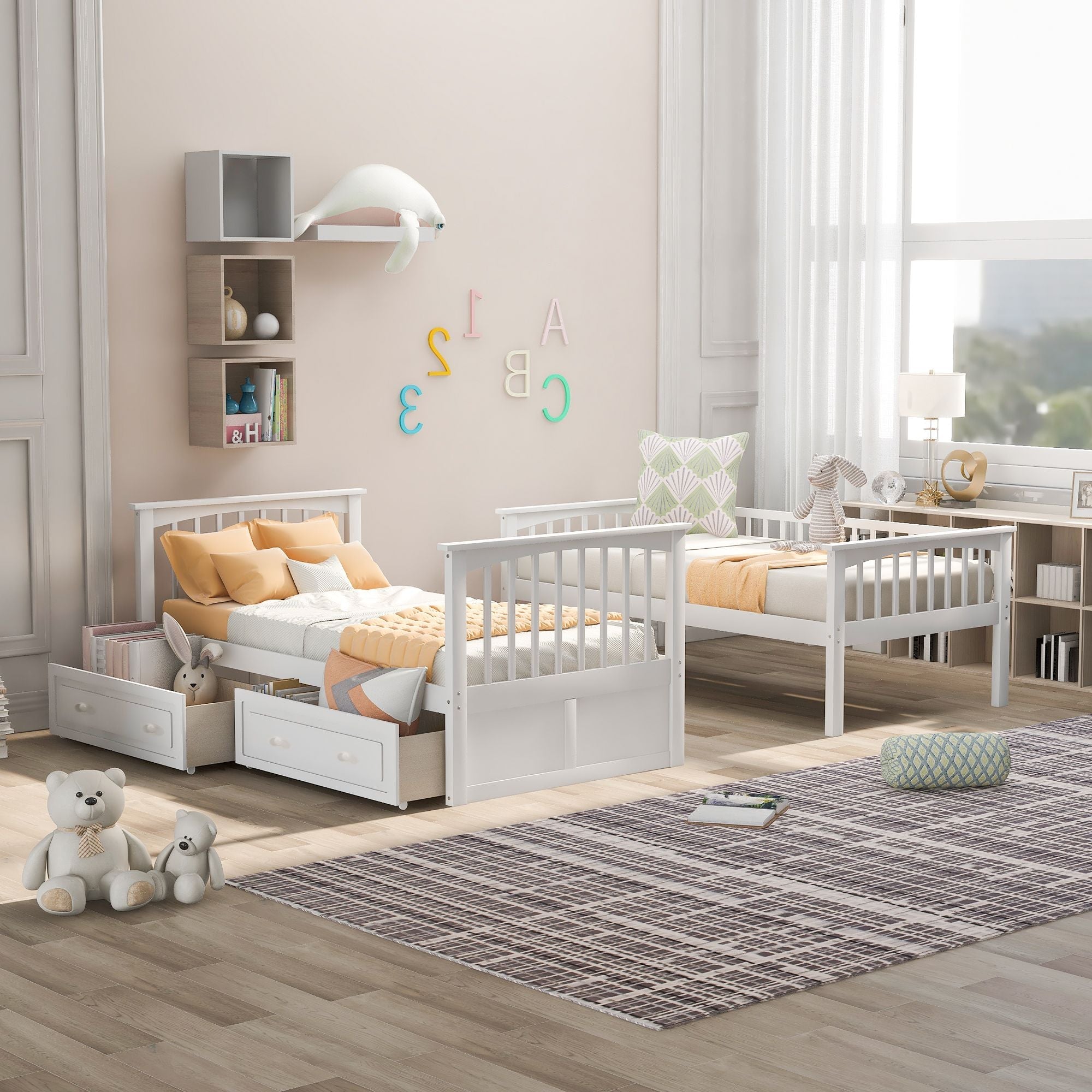 Space-Saving Twin over Twin Wood Bunk Bed with Storage Drawers and Convertible Design in White | Just Better Bunk Beds